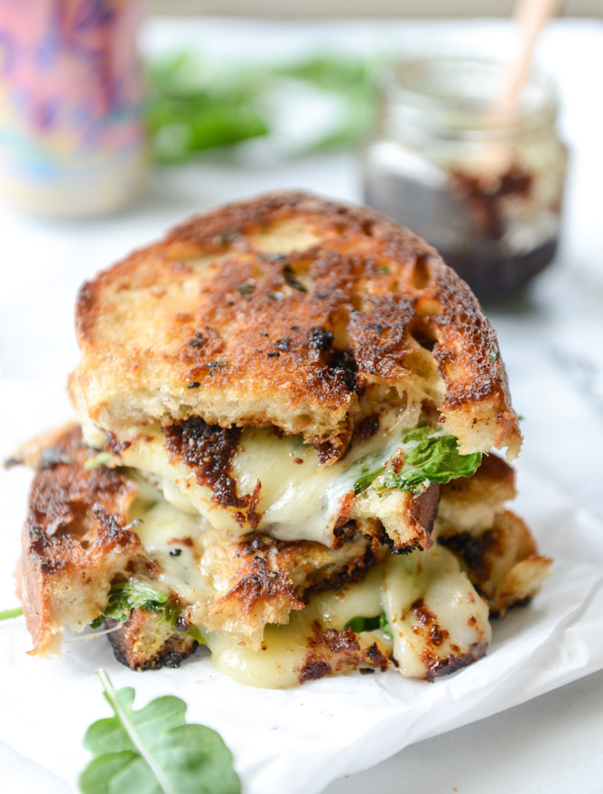 havarti and arugula grilled cheese with bacon jam and triple herb butter I howsweeteats.com