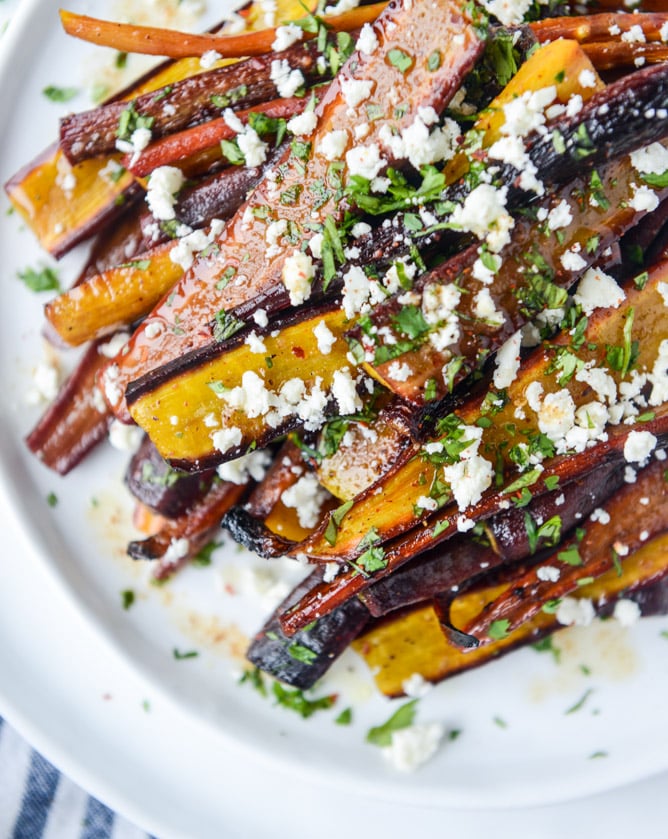 pomegranate roasted carrots with feta and brown butter.