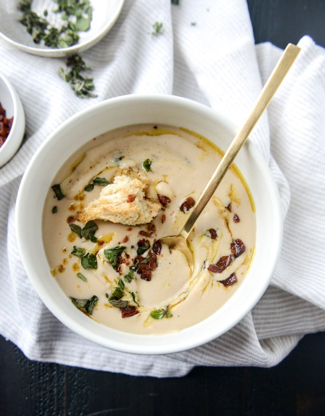 white bean soup with crumbled bacon and spiced brown butter I howsweeteats.com