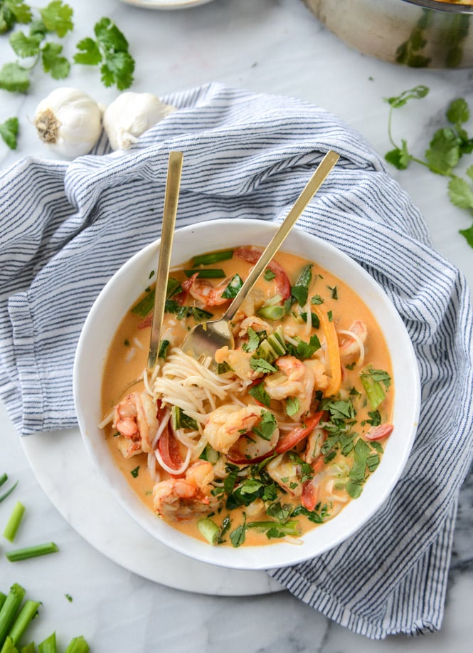 Thai-Style Coconut Curry Shrimp Noodle Bowls. - How Sweet Eats