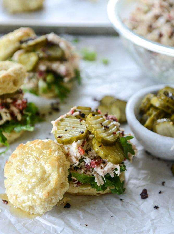 pimento cheese chicken salad on honey butter biscuits I howsweeteats.com