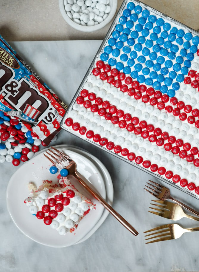 red white and blue poke cake with M&M's I howsweeteats.com