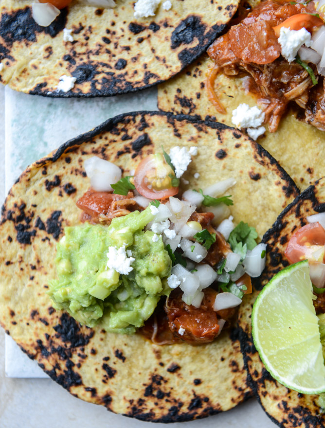 chicken tinga tacos with grilled corn guacamole by @howsweeteats I howsweeteats.com