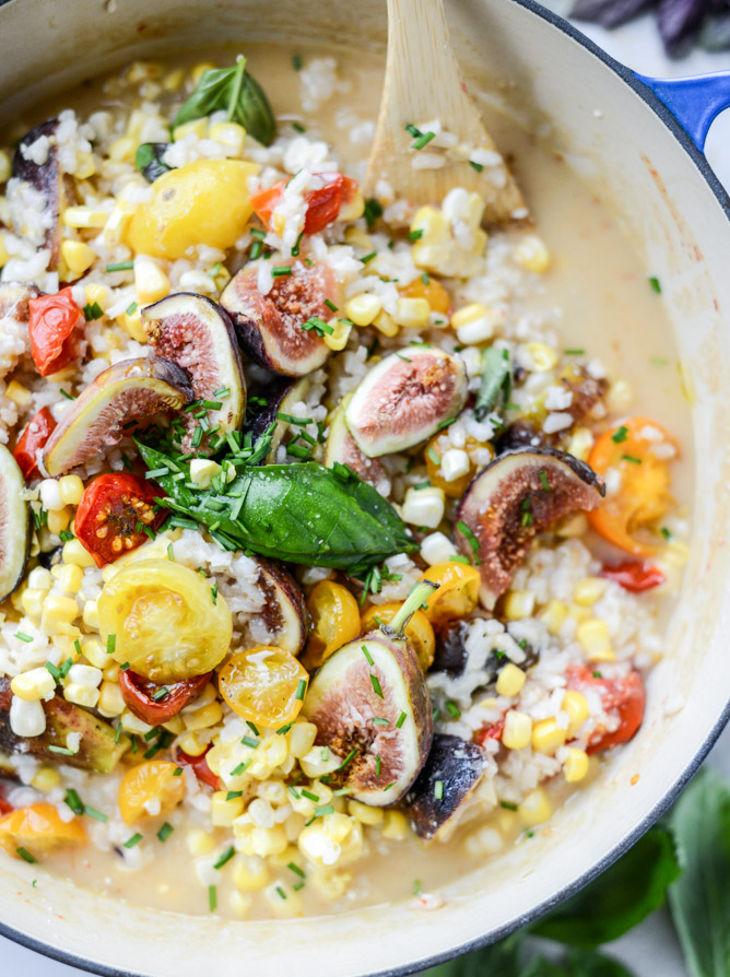 late summer risotto with roasted tomatoes, corn and figs I howsweeteats.com