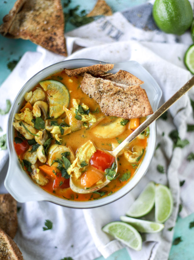 Golden Coconut Chicken Soup with Spiced Pitas. - How Sweet Eats