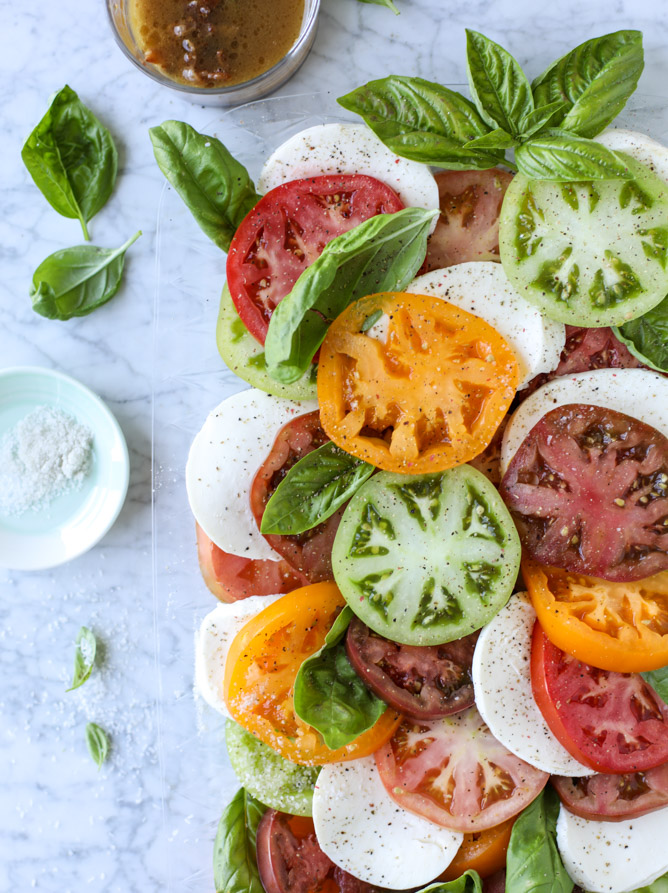 Caprese Salad with Heirloom Tomatoes and Hot Bacon Dressing