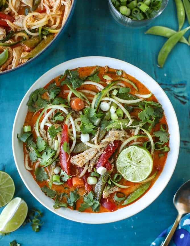 thai chicken zoodle soup I howsweeteats.com #chicken #soup #zoodles #zucchininoodles #coconutmilk 