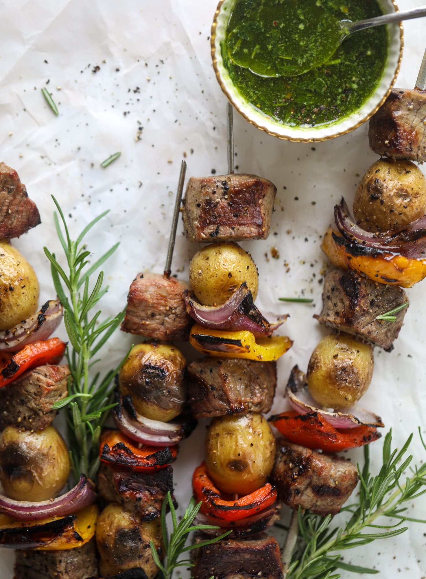 These steak and potato skewers are a complete meal in one! Serve with chimichurri for the ultimate flavor explosion. These are delicious!