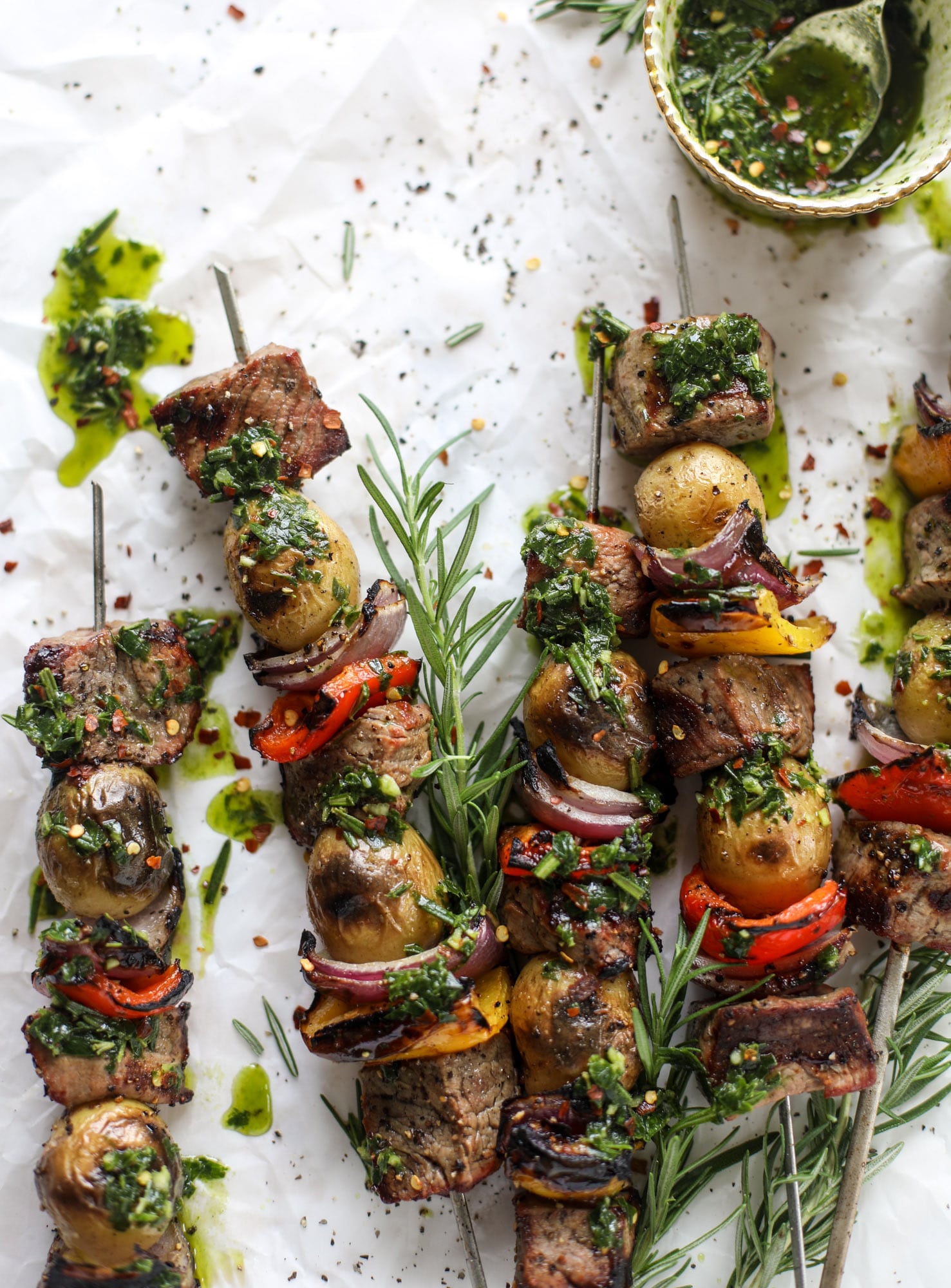 These steak and potato skewers are a complete meal in one! Serve with chimichurri for the ultimate flavor explosion. These are delicious!