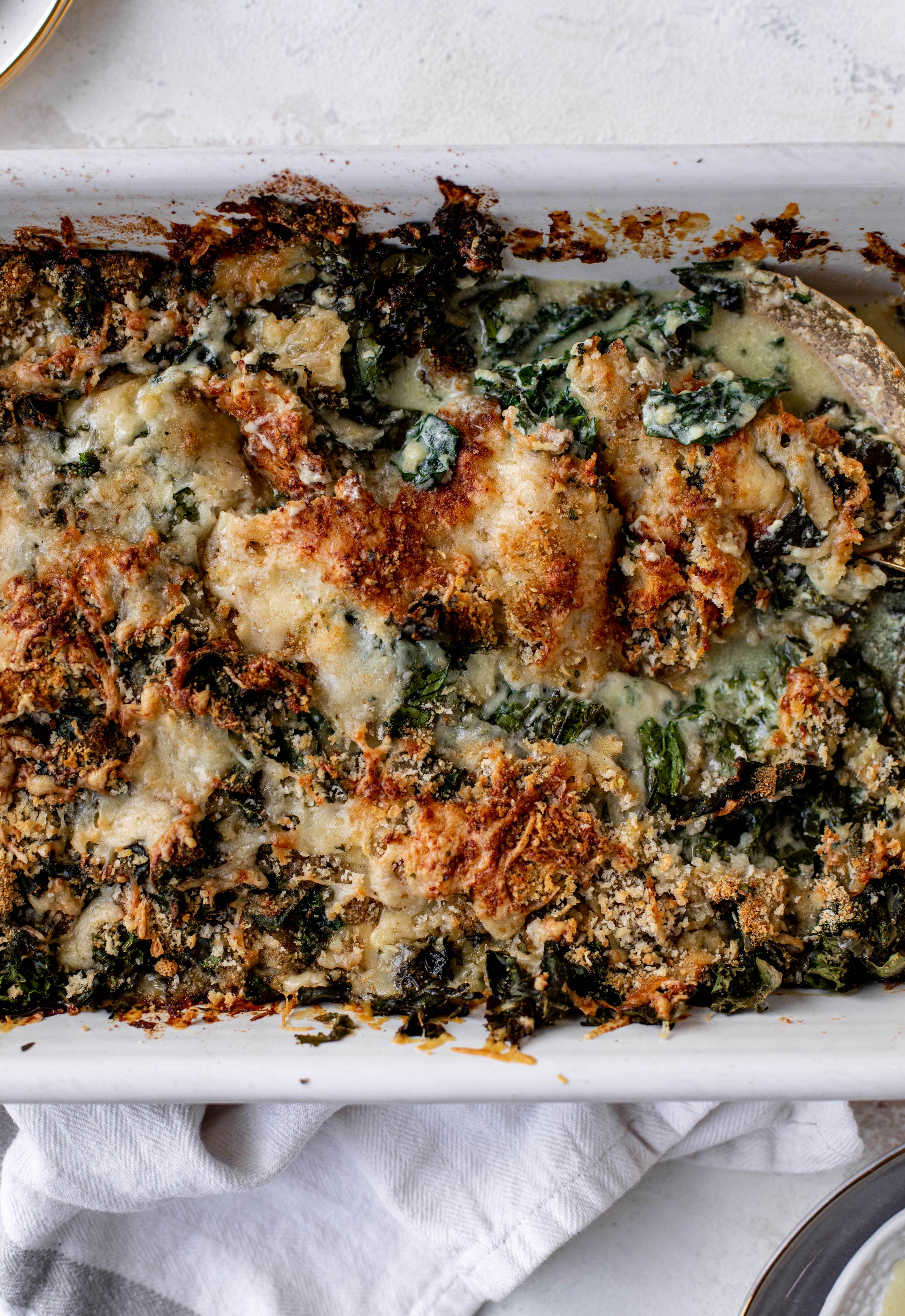 This double kale gratin has two kinds of kale, three kinds of cheese, cream and crunchy breadcrumbs. It will be your new favorite side dish!