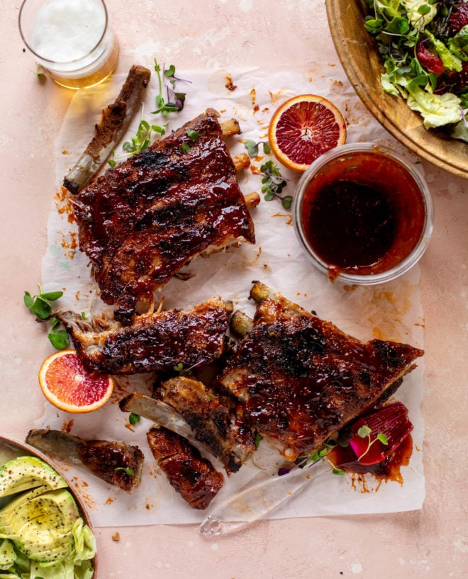 Orange Rib Blood Orange BBQ Ribs with Avocado Butter Greens