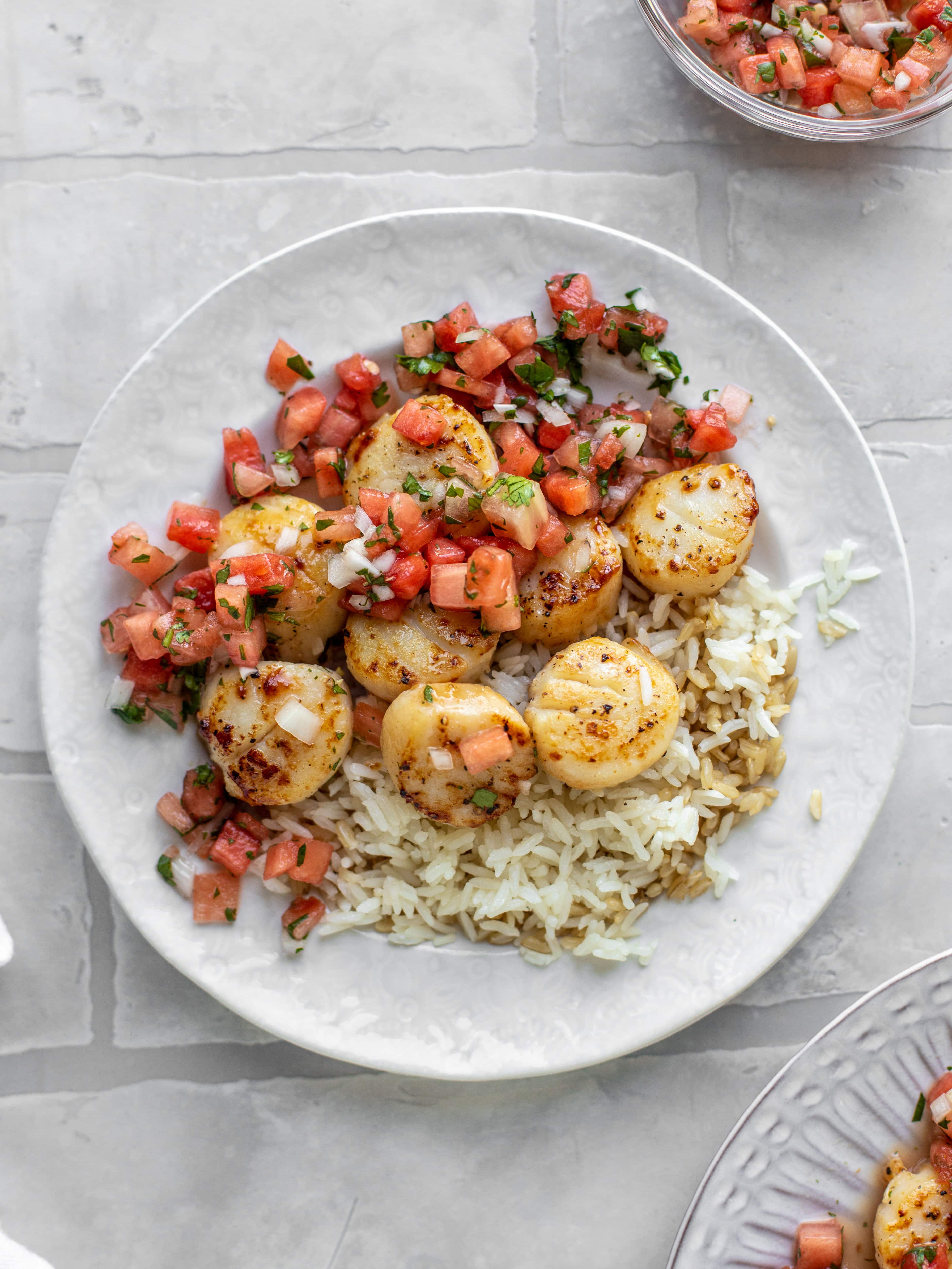 garlic butter scallops with watermelon salsa and rice