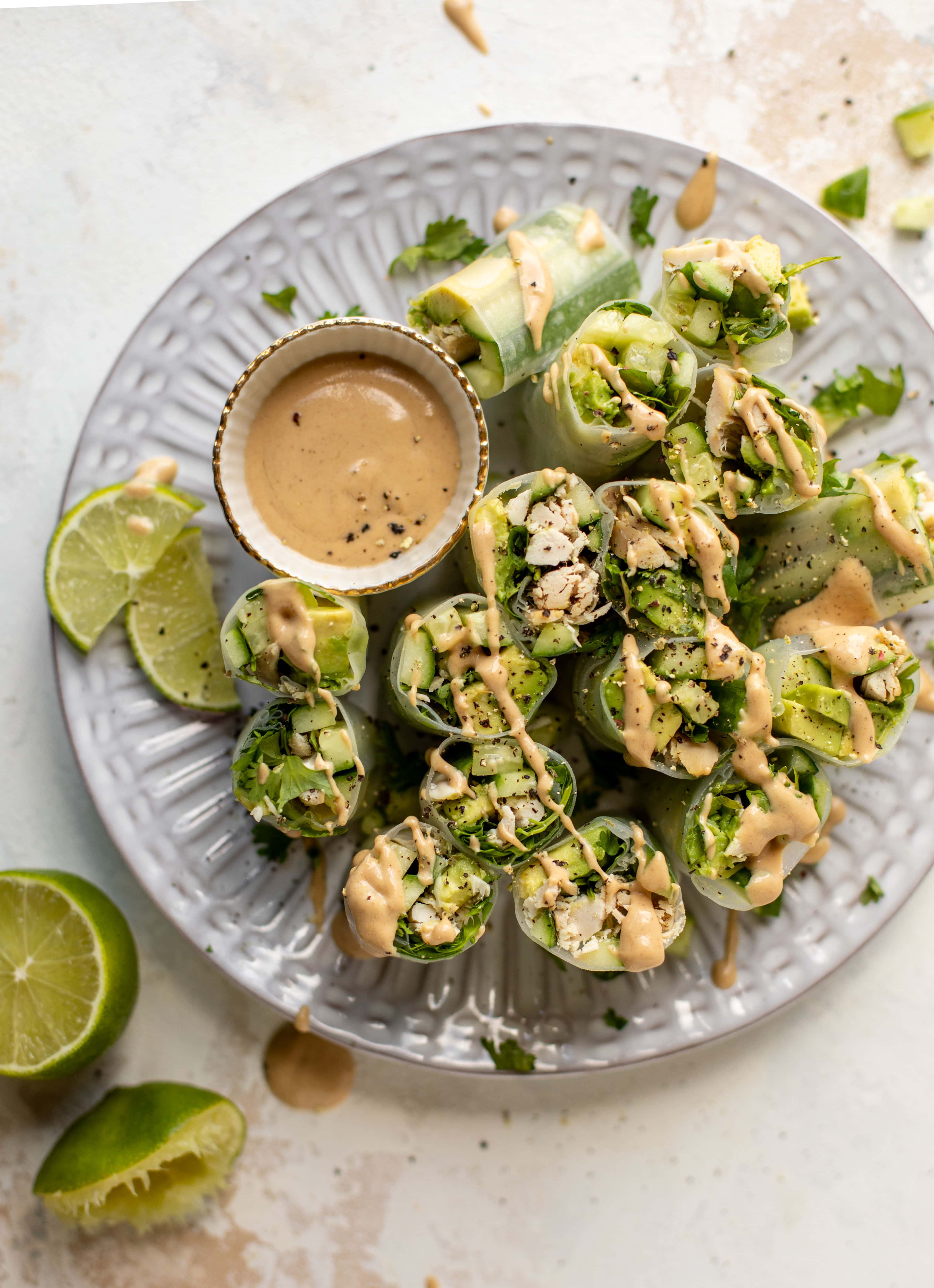 avocado summer rolls with peanut coconut dipping sauce