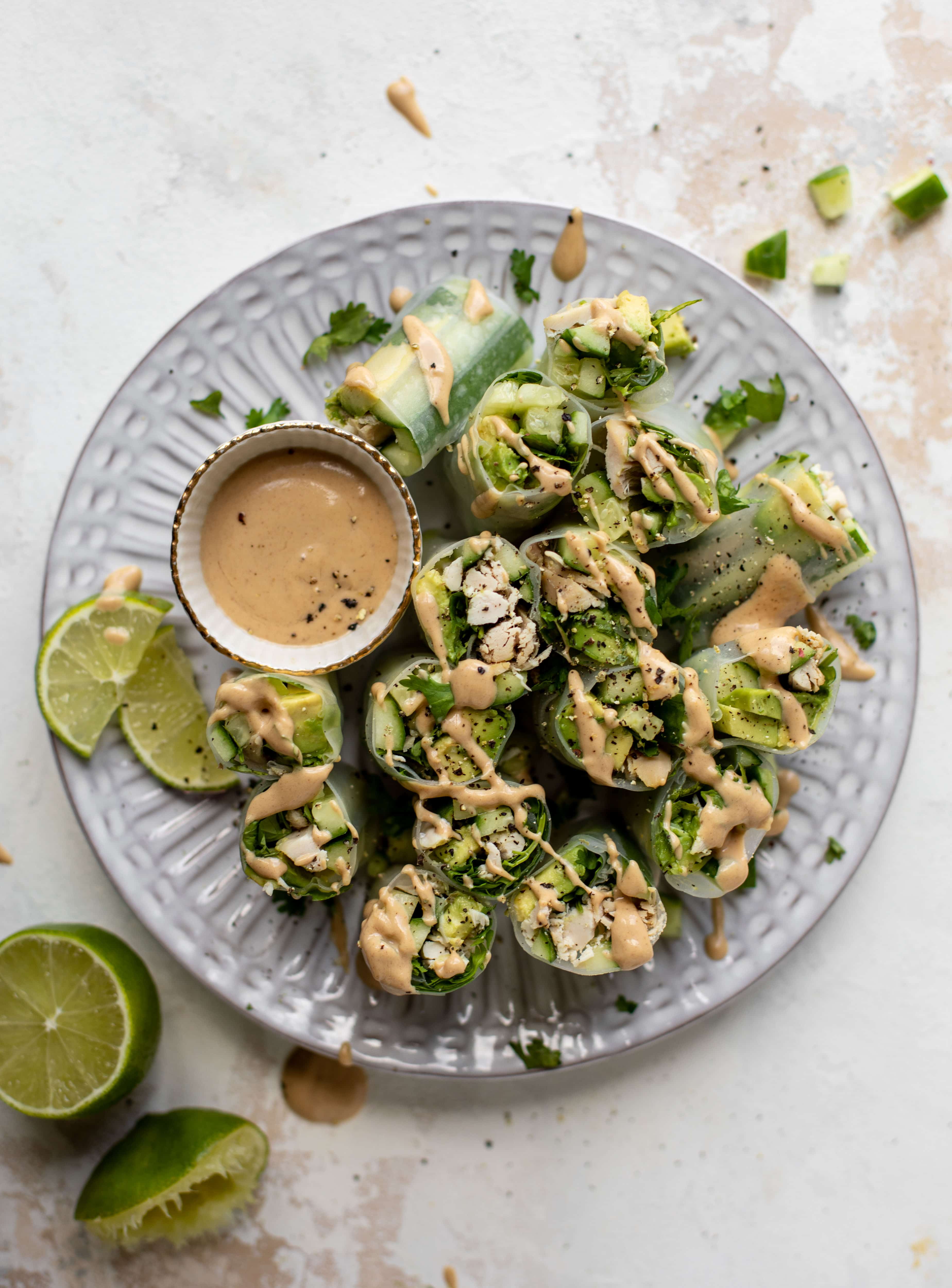 avocado summer rolls with peanut coconut dipping sauce