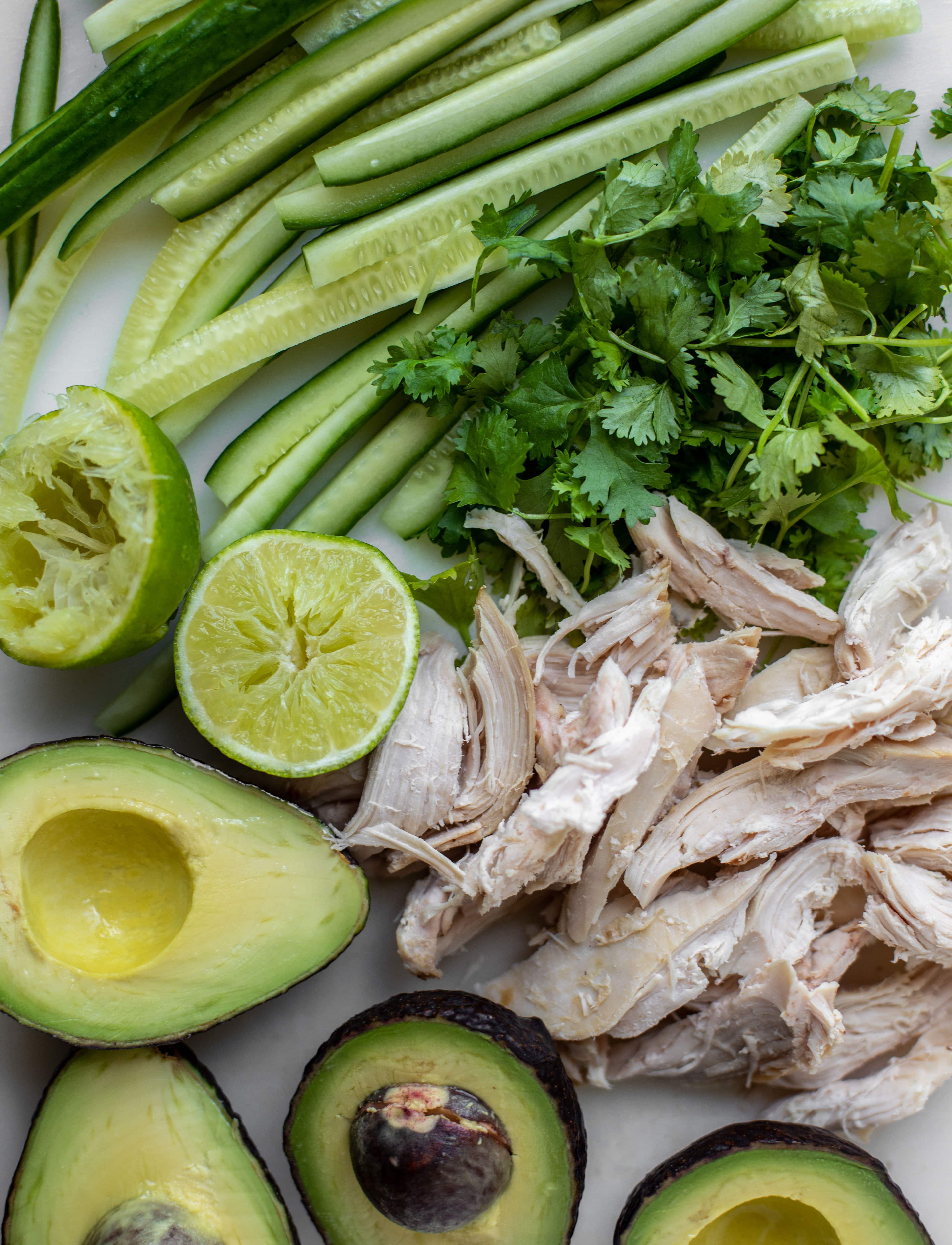 cucumbers, cilantro, chicken, avocado and lime