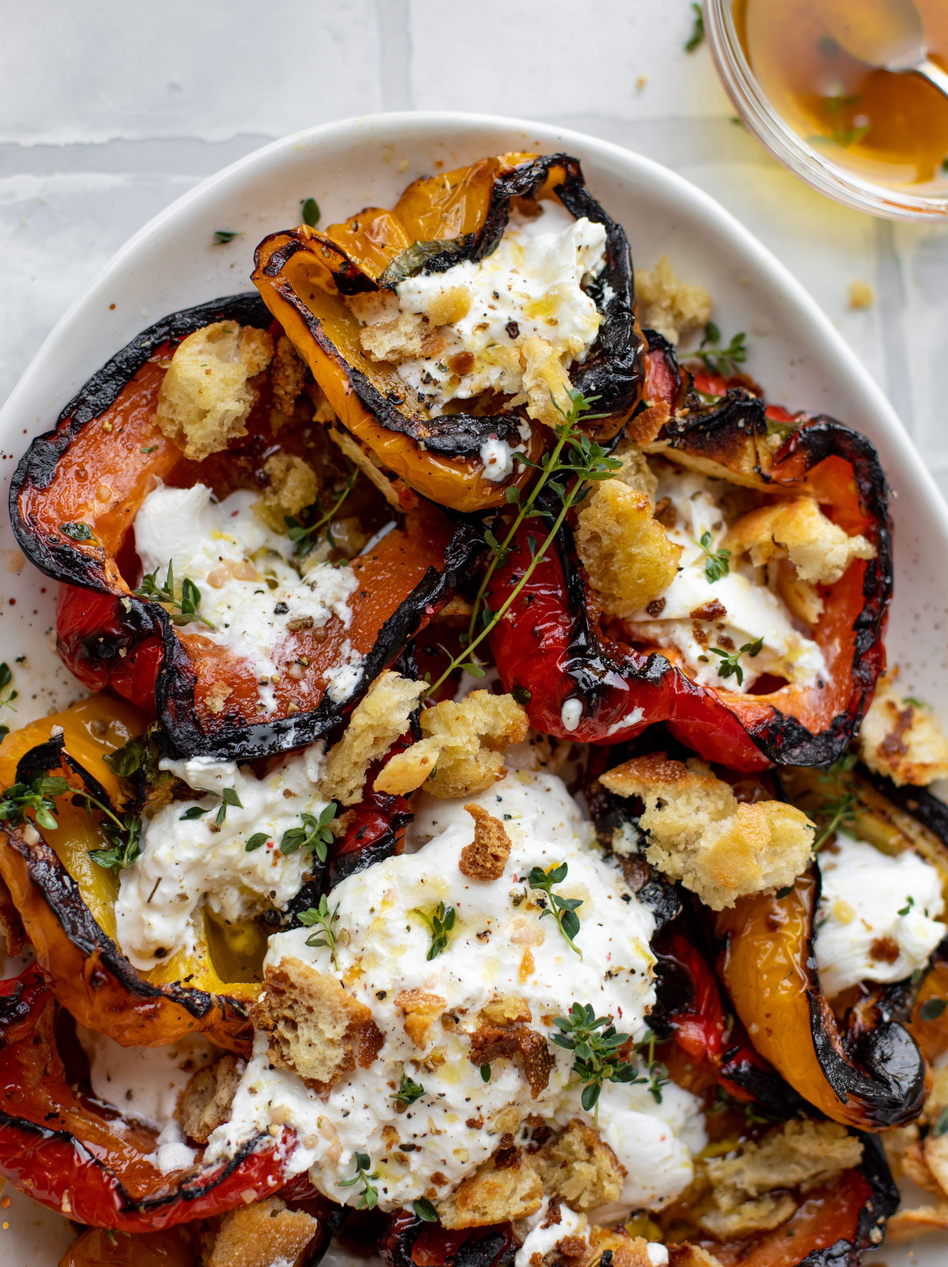 grilled peppers with burrata and sourdough breadcrumbs