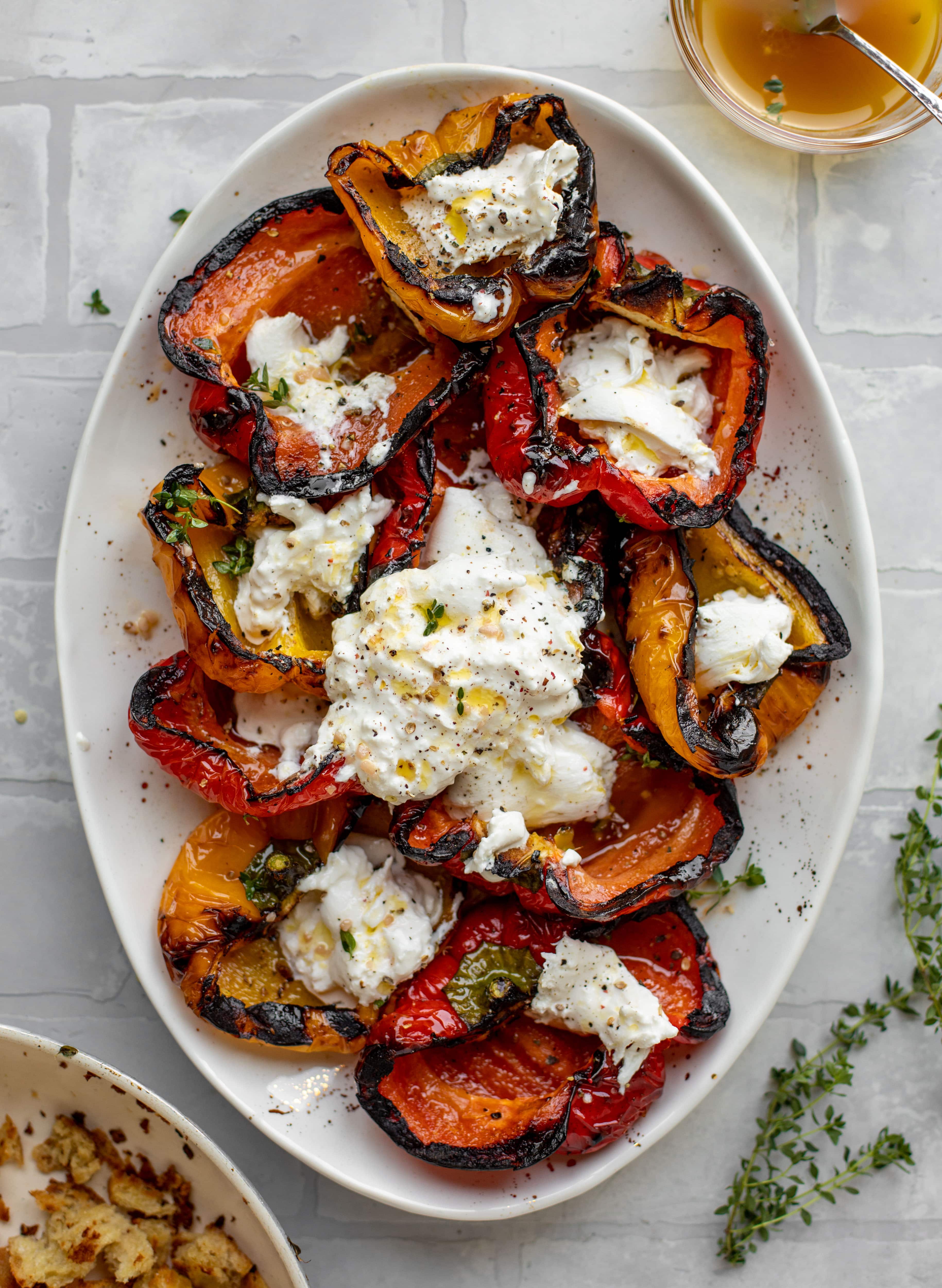 grilled marinated peppers with burrata on top
