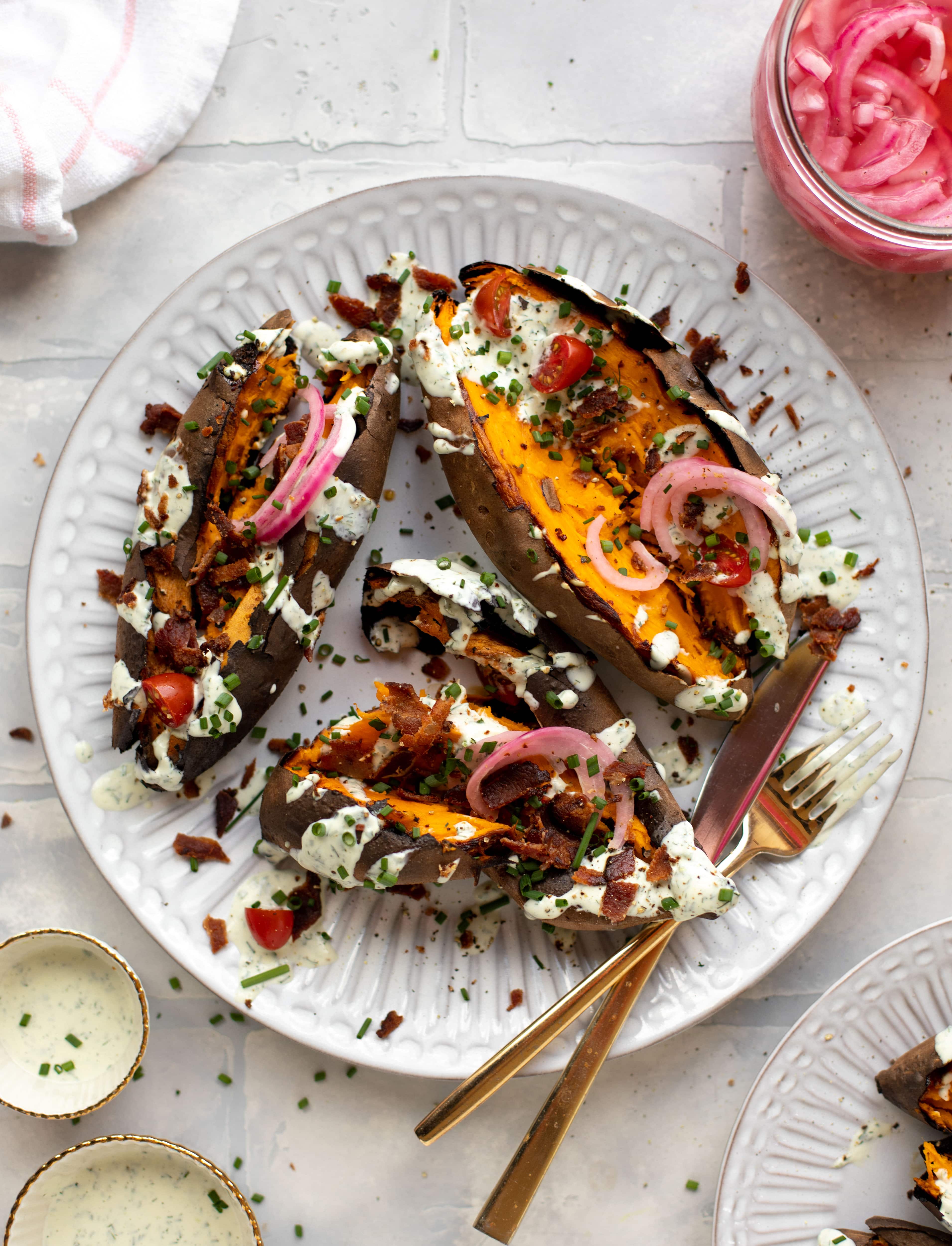 grilled whole sweet potatoes with homemade ranch