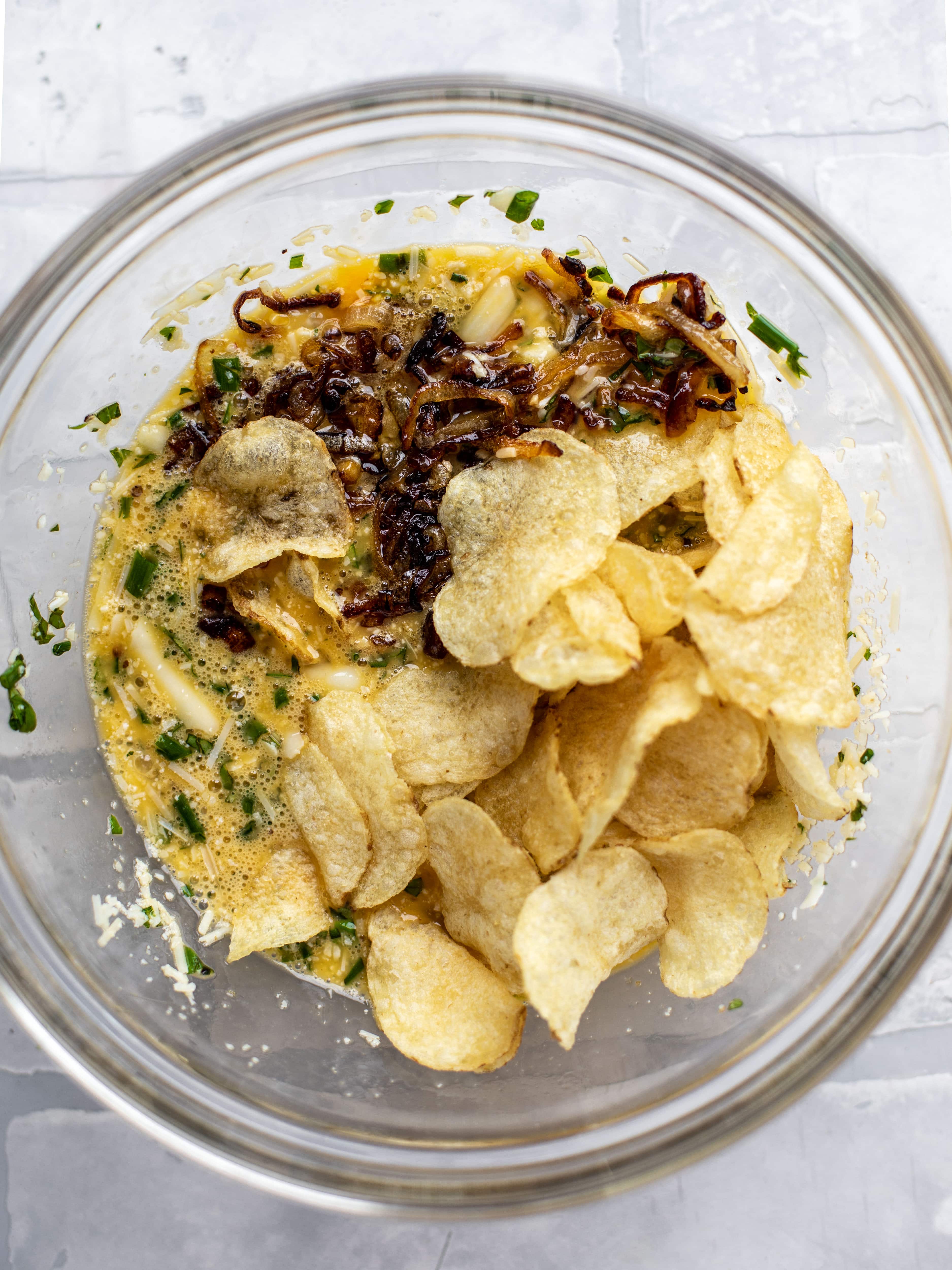 potato chips stirred into the frittata mixture