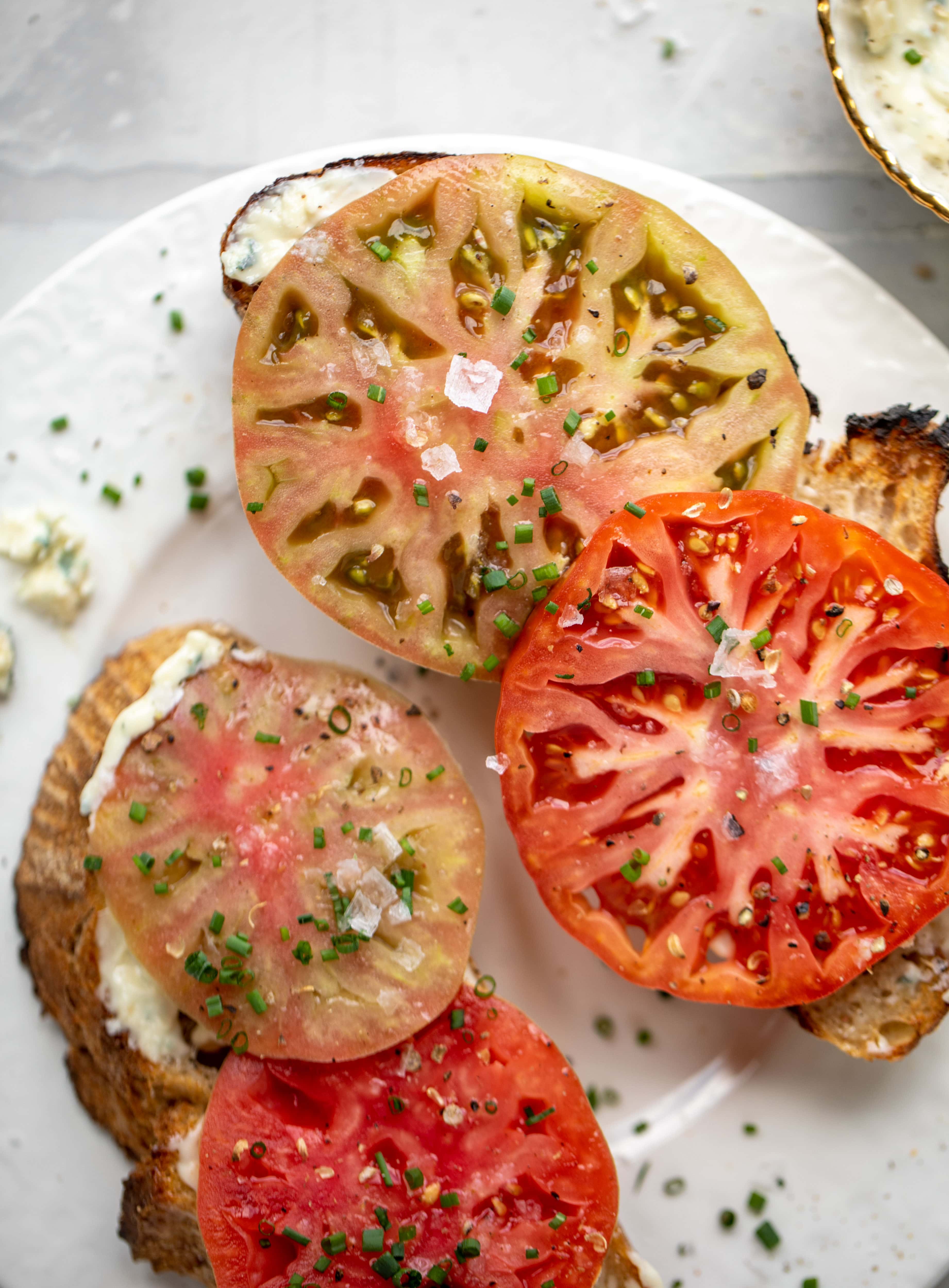 tomato toast with blue cheese mayo
