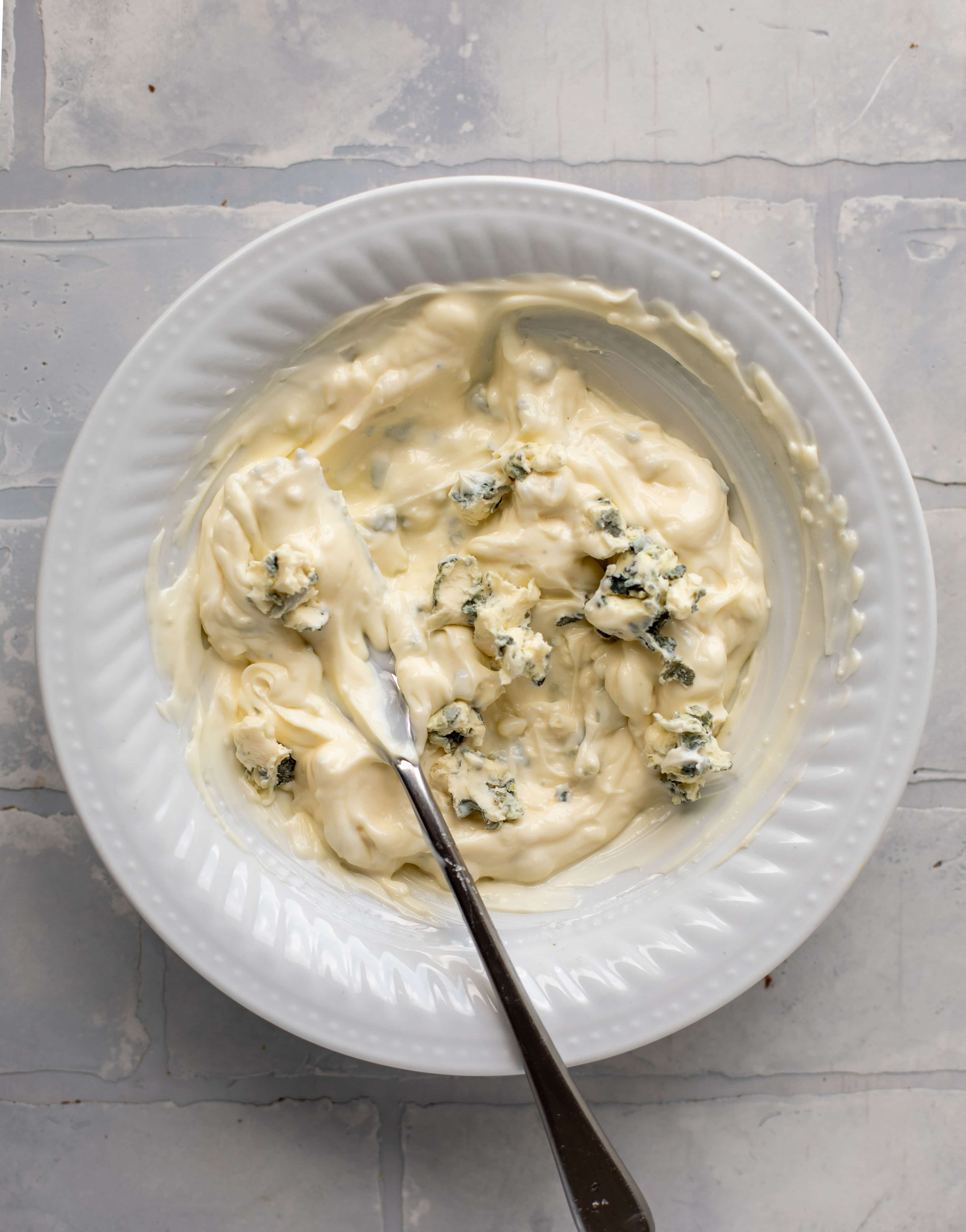 crumbled blue cheese in mayo