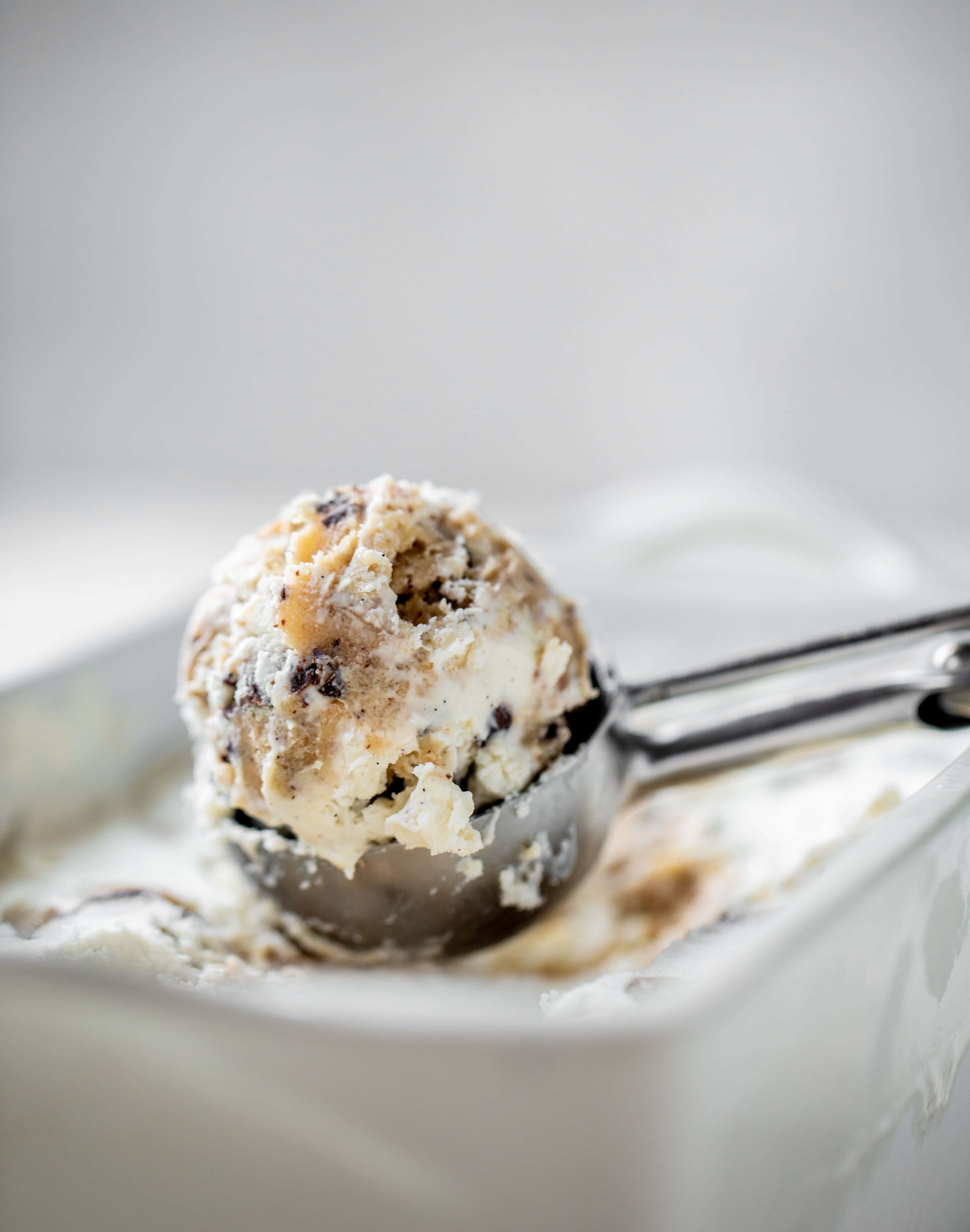 scoop of no churn salted chocolate chip cookie dough ice cream