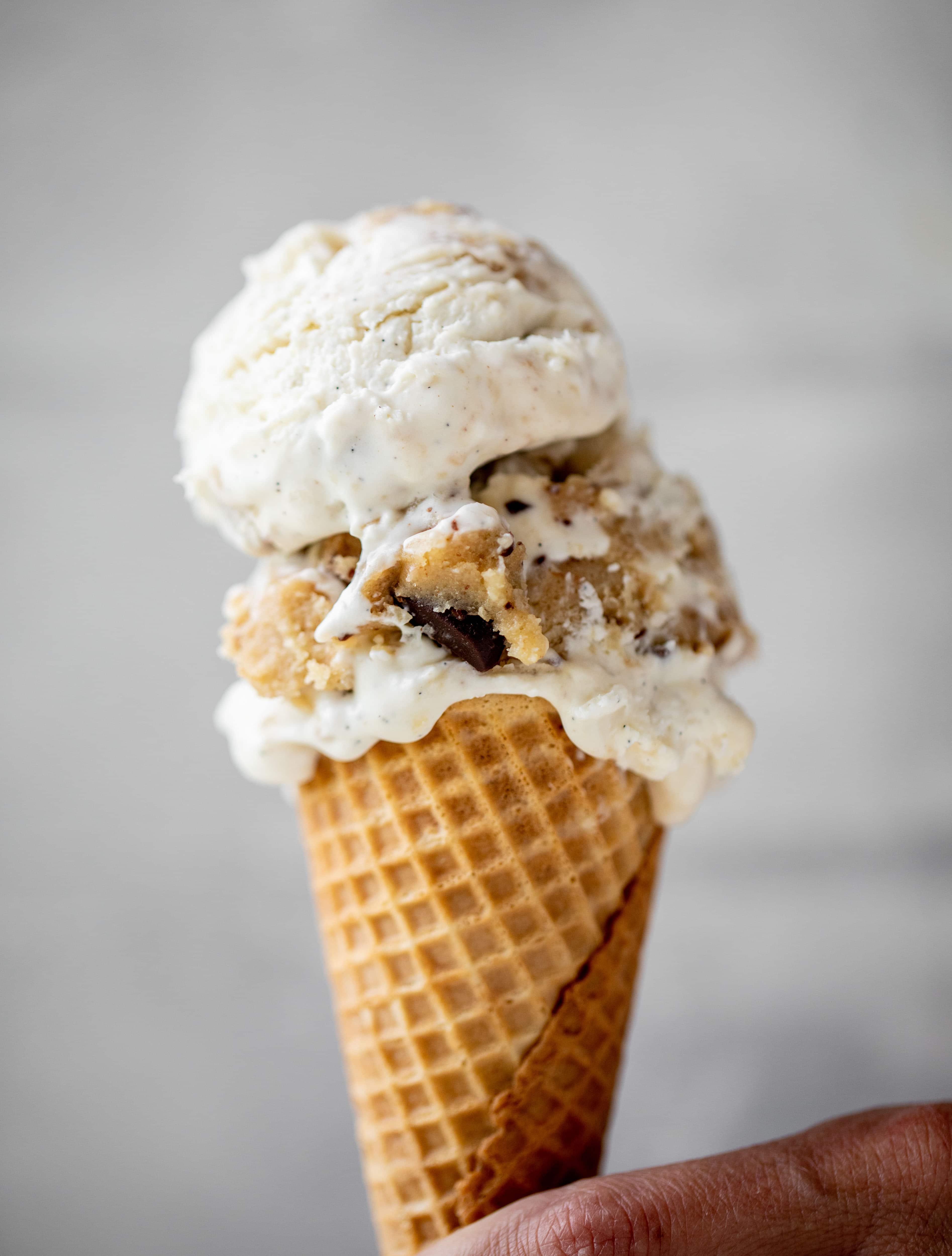 scoop of no churn salted chocolate chip cookie dough ice cream in a cone