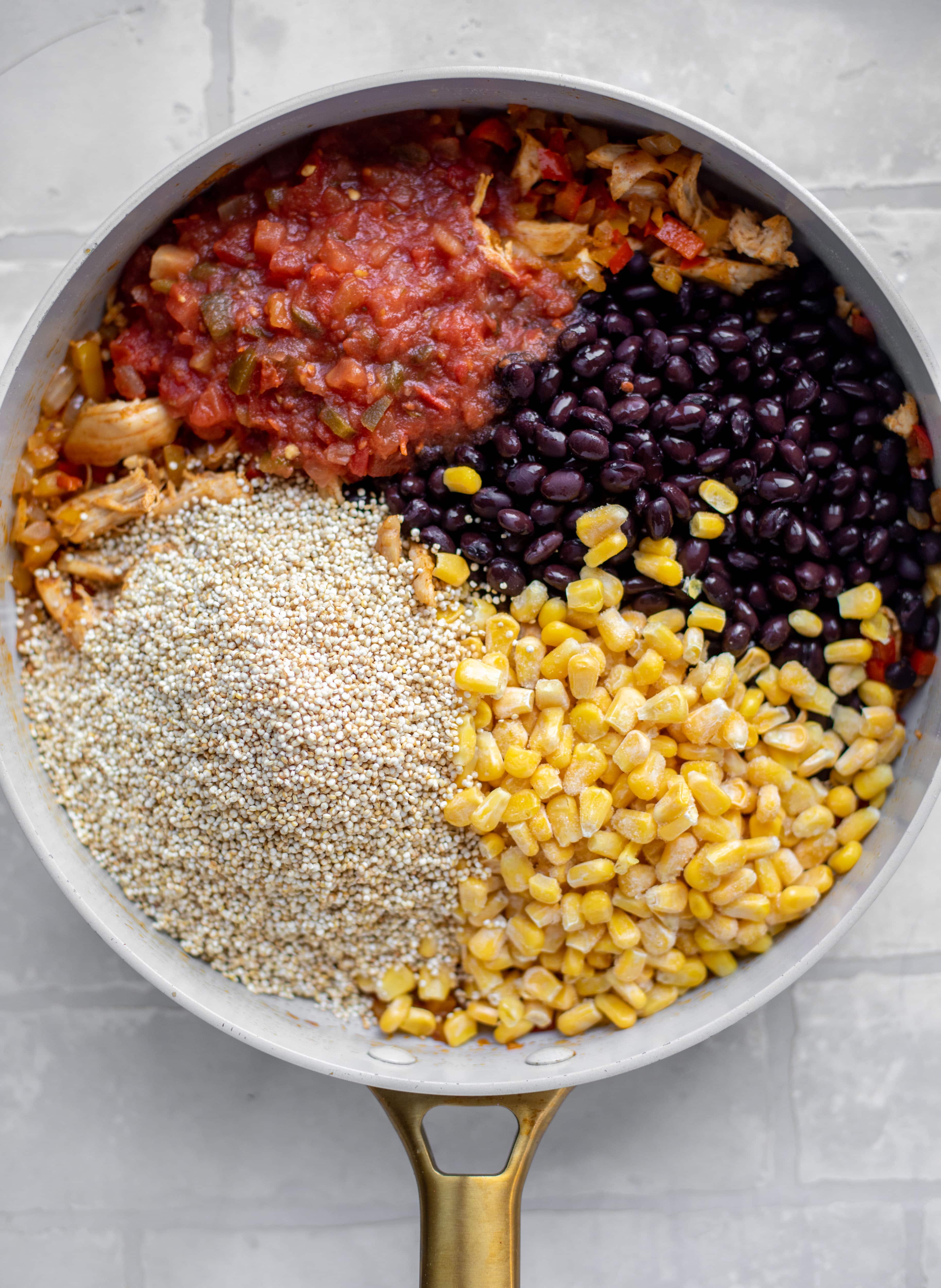 quinoa, corn, chicken, beans and salsa