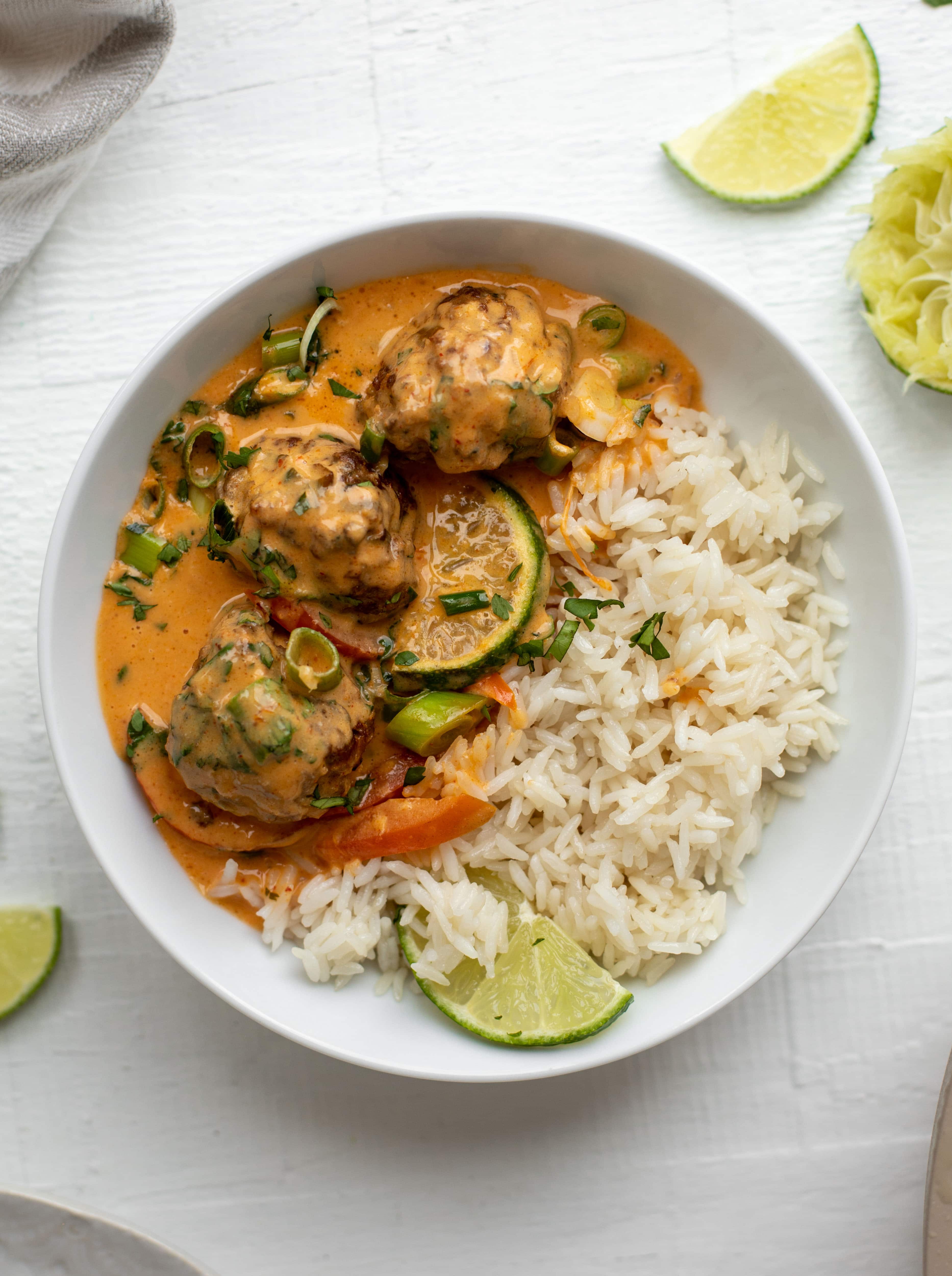 coconut curry pork meatballs with coconut rice