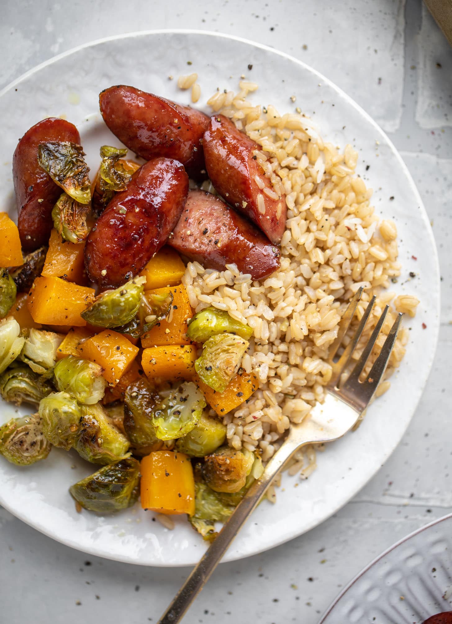maple sheet pan smoked turkey sausage with butternut squash and brussels sprouts