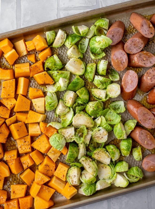 Maple Sheet Pan Sausage with Butternut Squash and Brussels Sprouts
