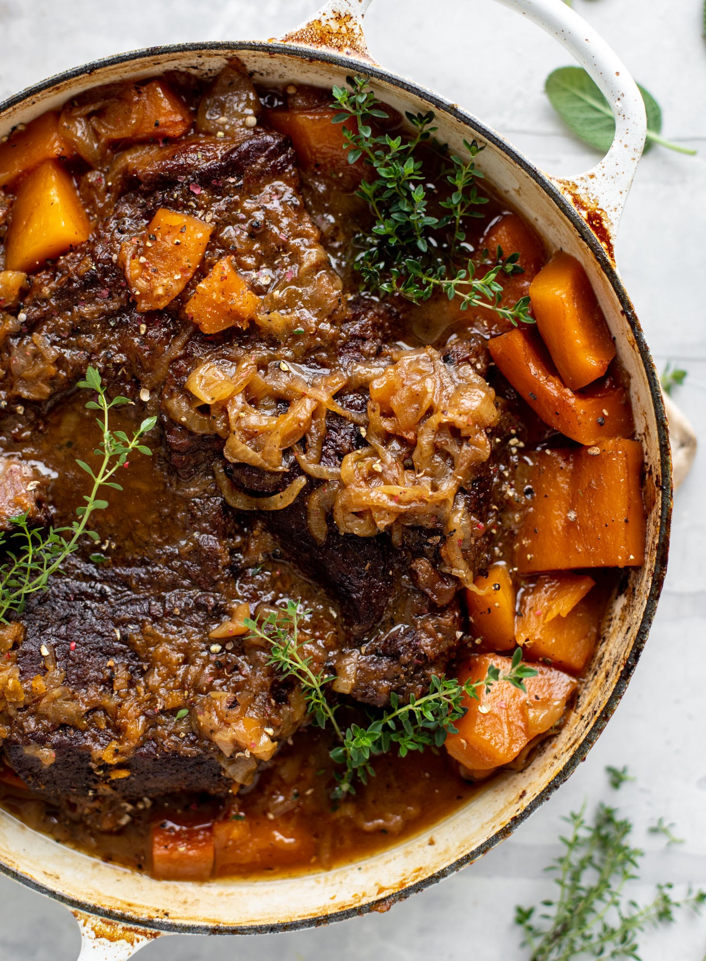 cider braised pot roast with caramelized onions and butternut squash