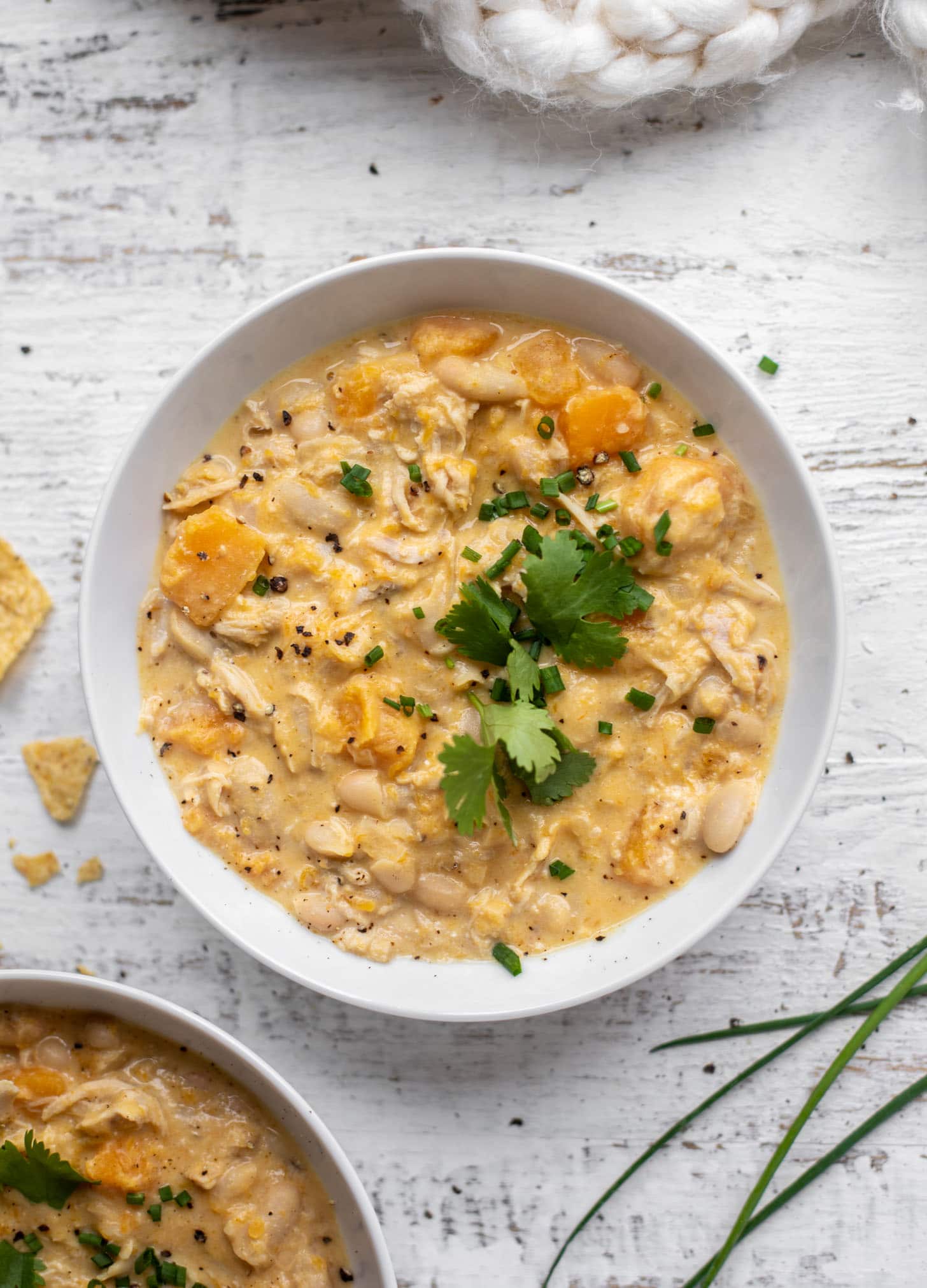 butternut white chicken chili with cilantro and chives