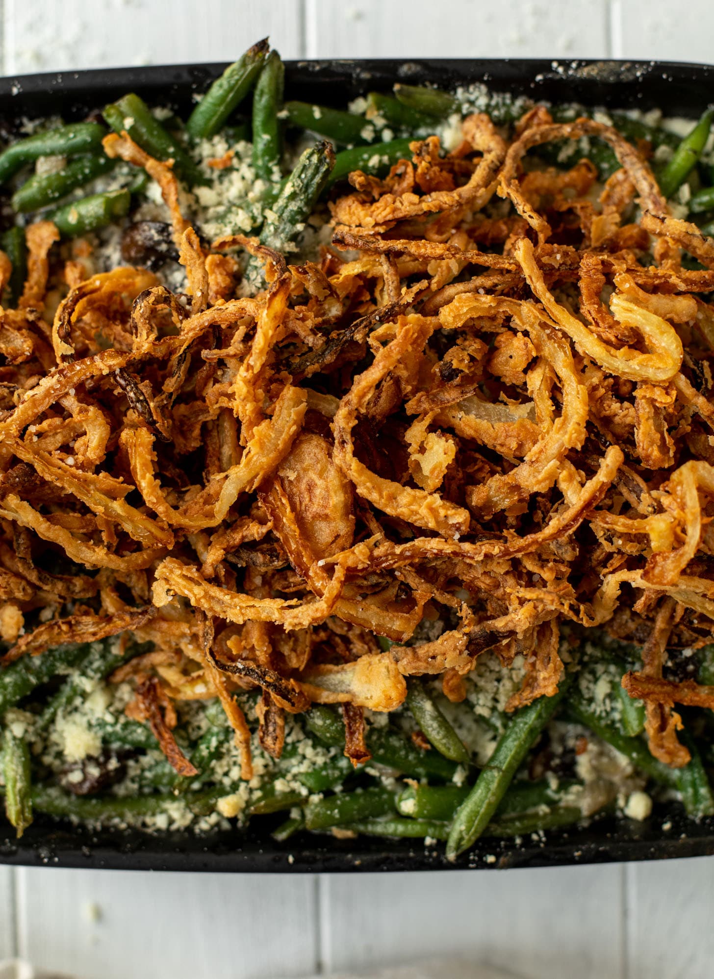 green bean casserole with crispy french fried onions