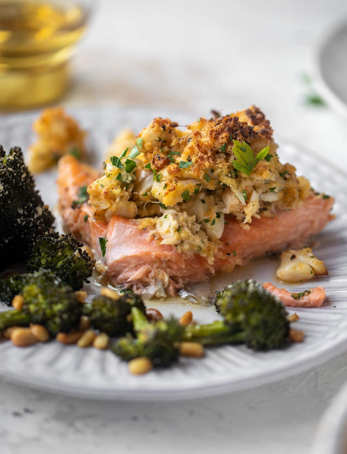 crab topped salmon with parmesan roasted broccoli