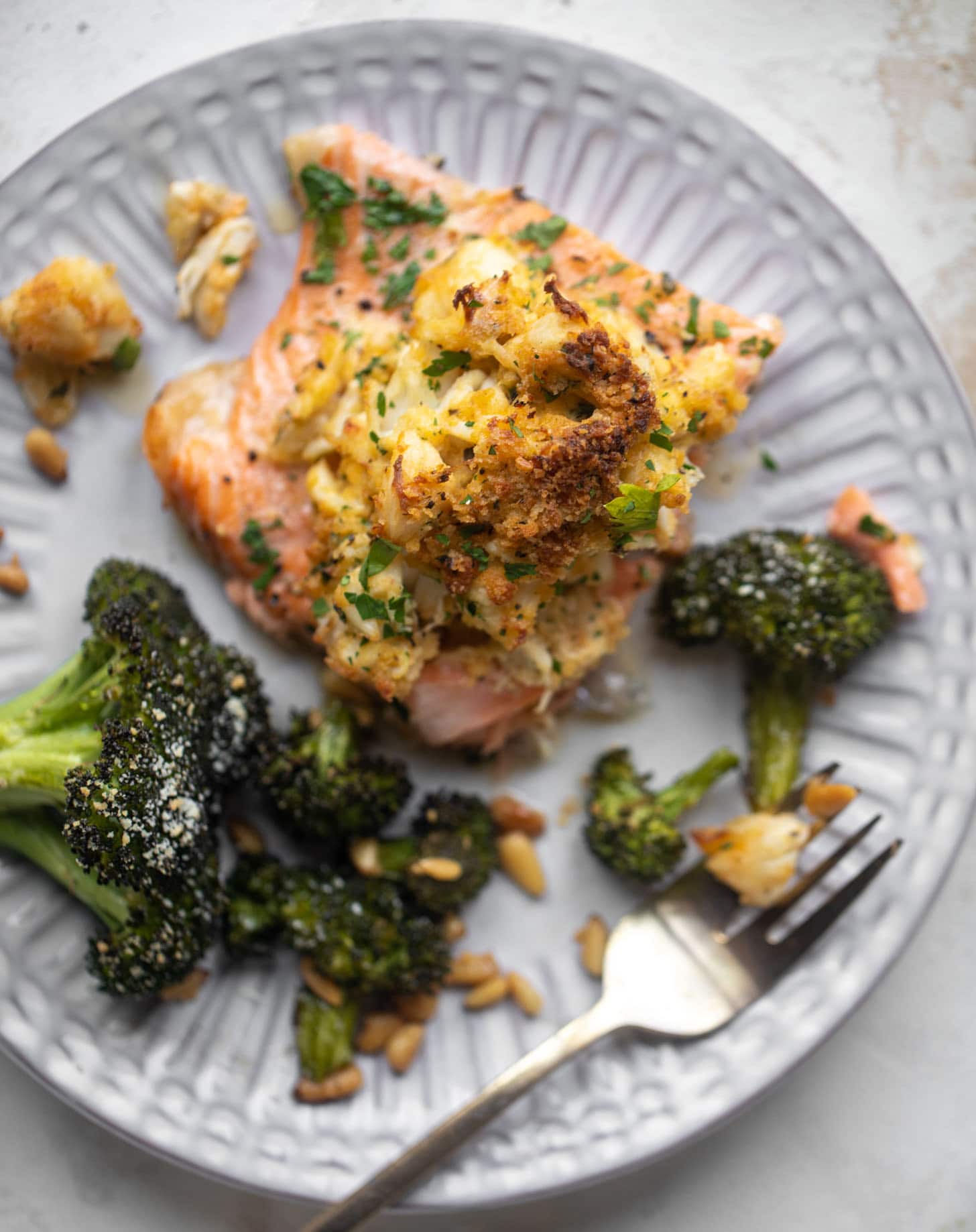 crab topped salmon with parmesan roasted broccoli