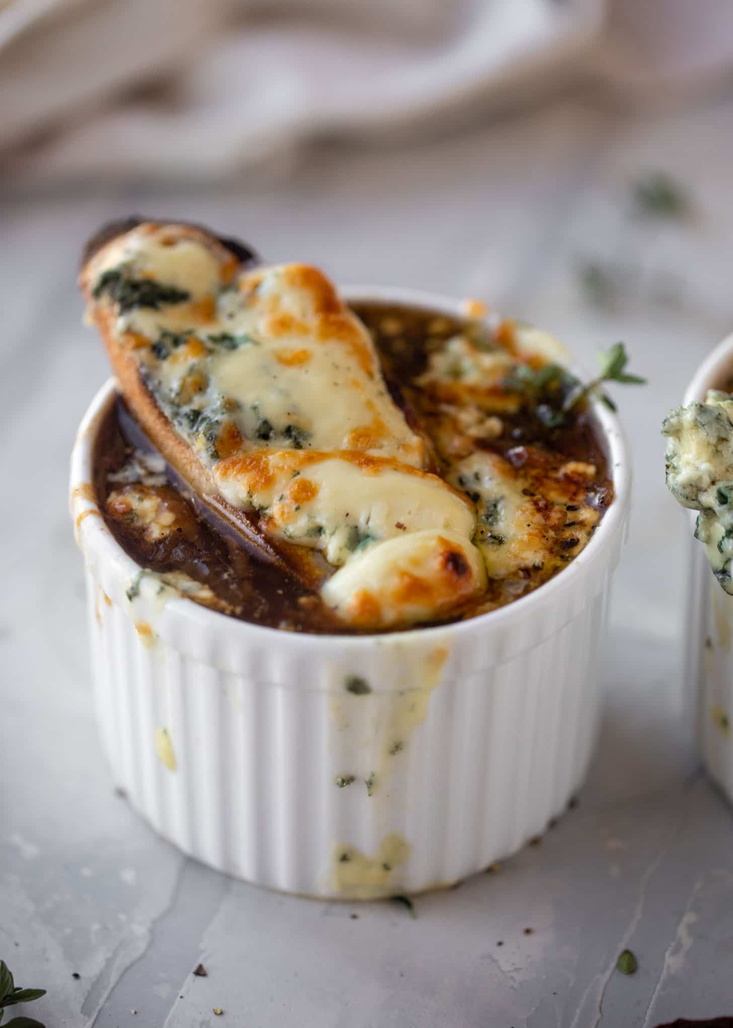 french onion soup with brûléed blue cheese