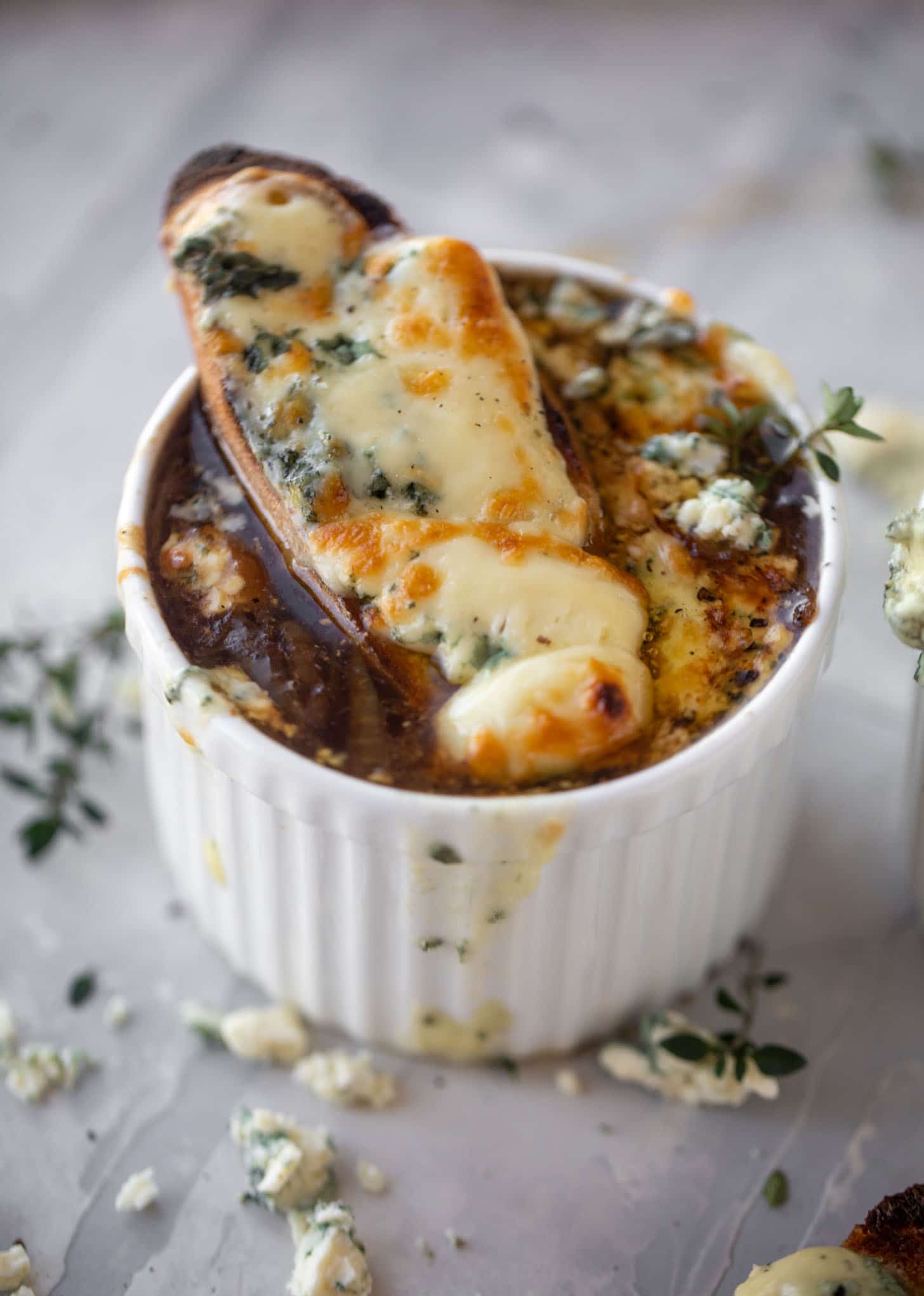 french onion soup with brûléed blue cheese