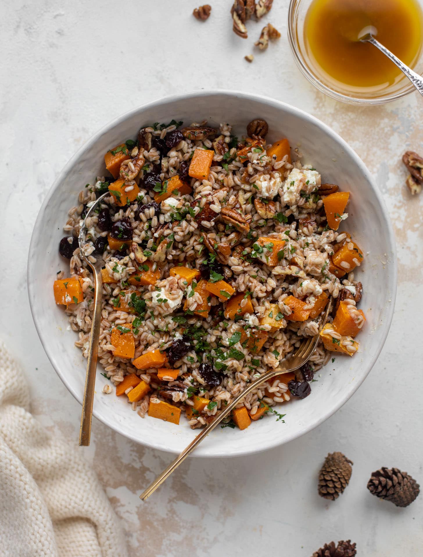 warm winter farro with butternut squash, goat cheese, cranberries and pecans