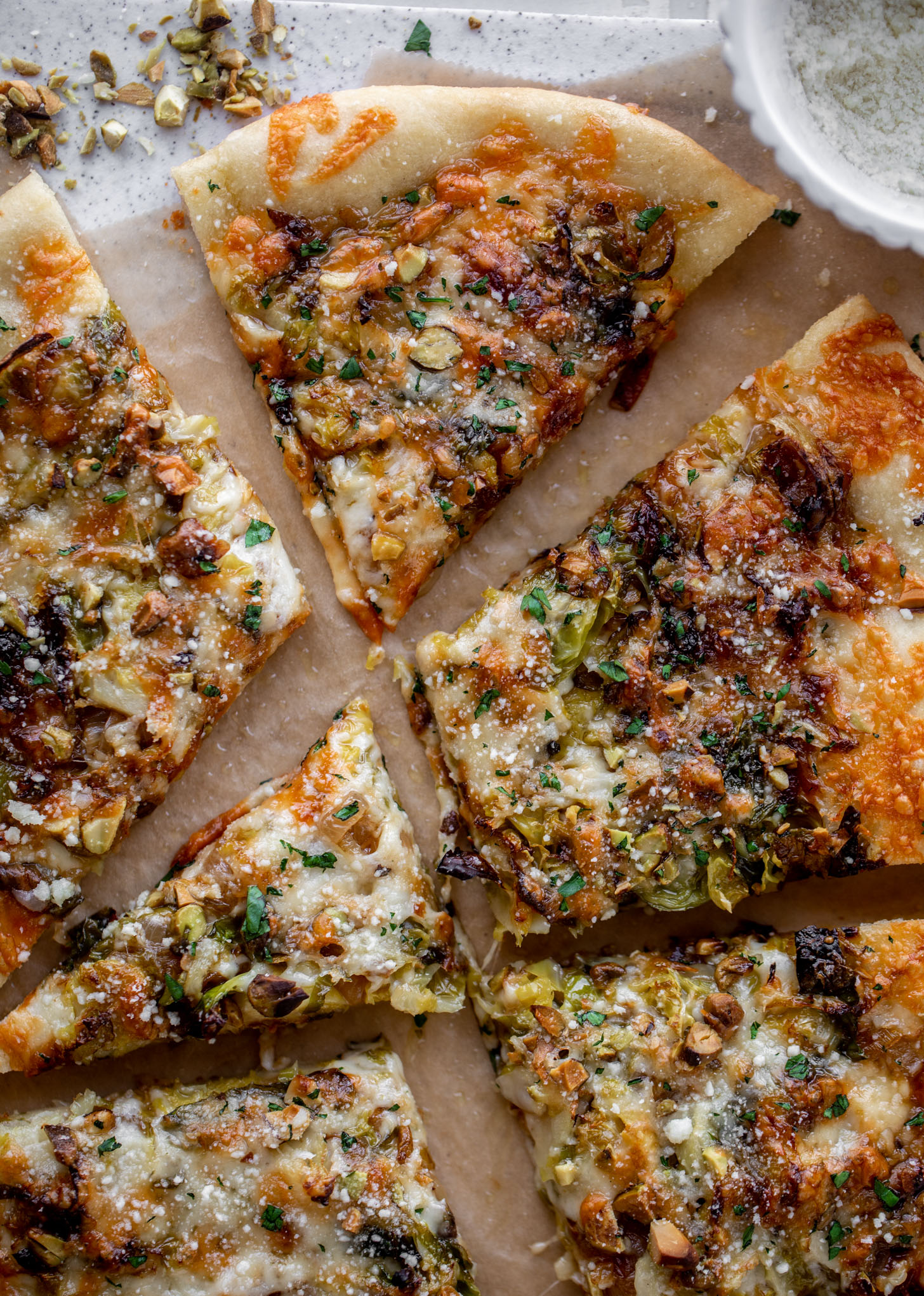 brussels, caramelized onion and pistachio pizza