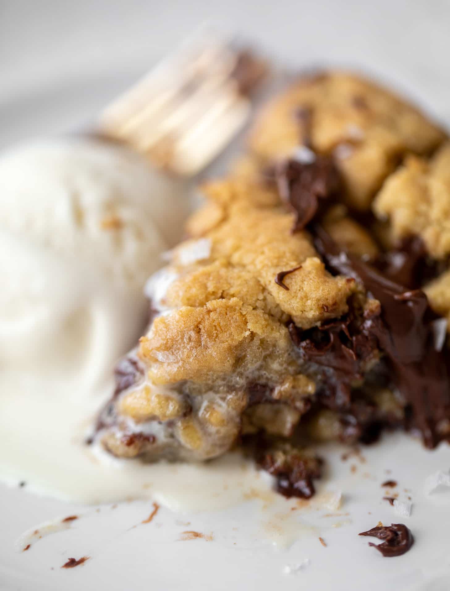 close up of chewy chocolate chip skillet cookie