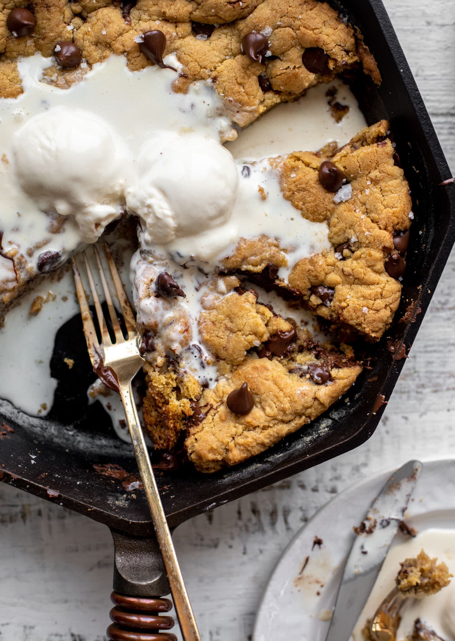 chewy chocolate chip skillet cookie with ice cream