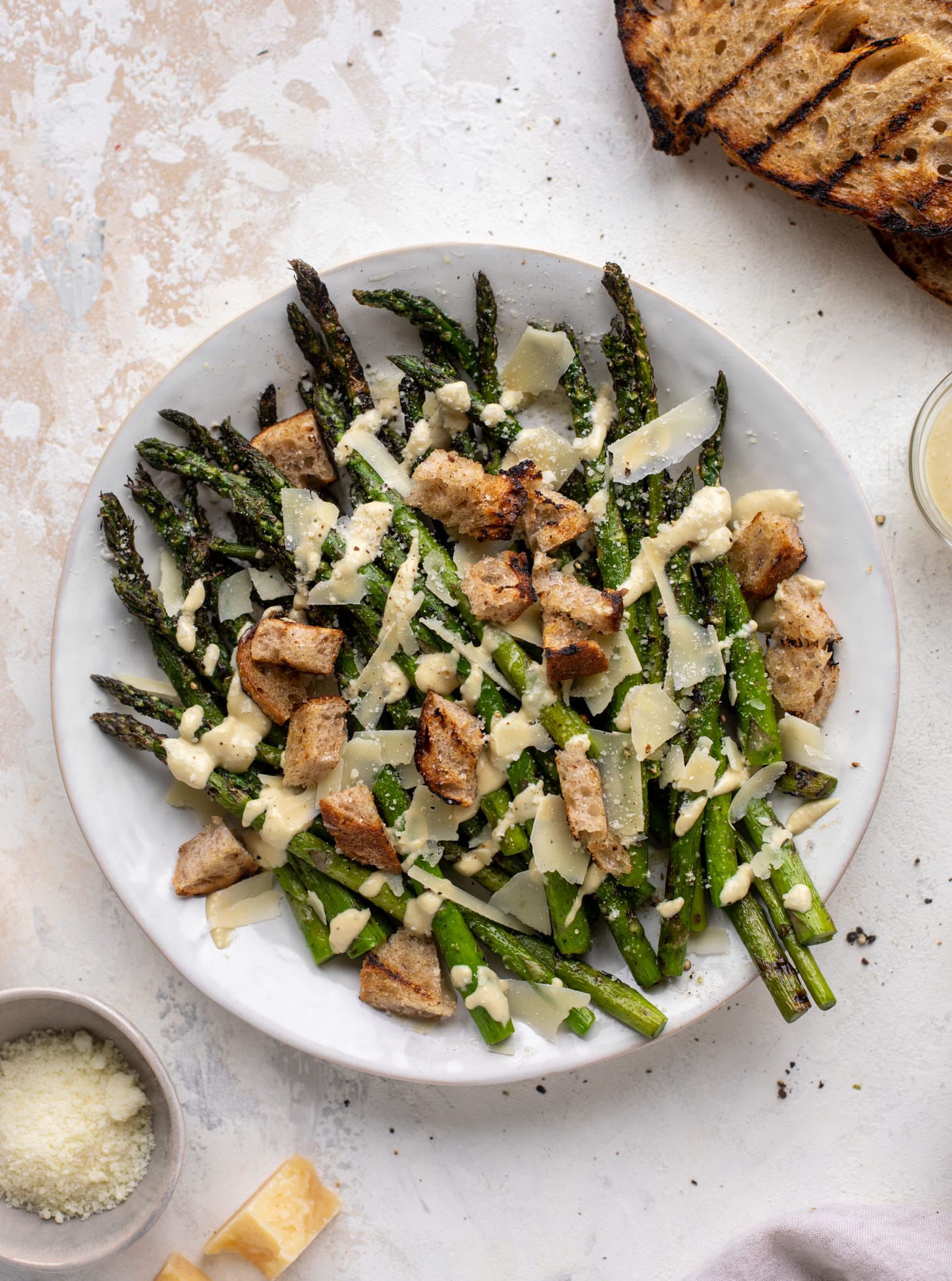 grilled asparagus caesar with sourdough croutons