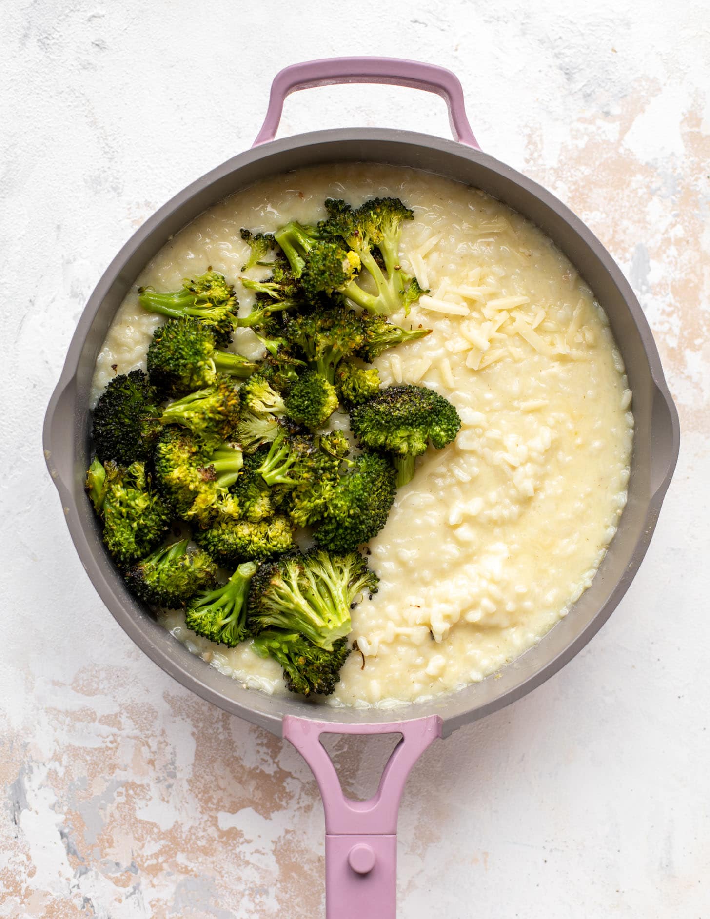 cheddar risotto topped with roasted broccoli