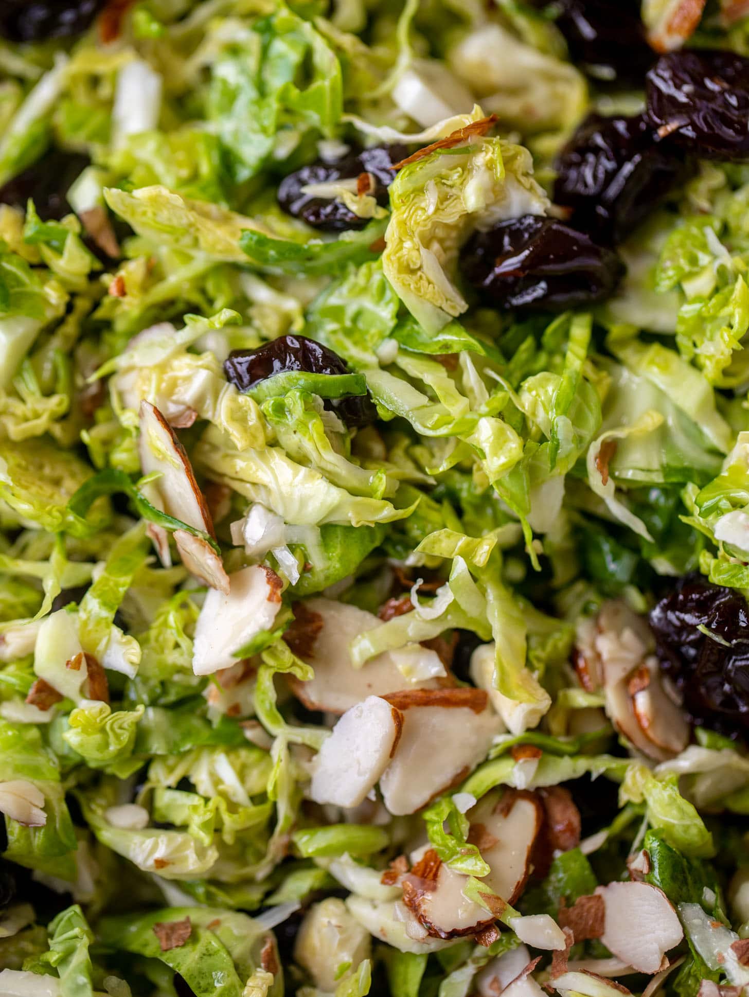close up of sweet and savory brussels sprouts slaw