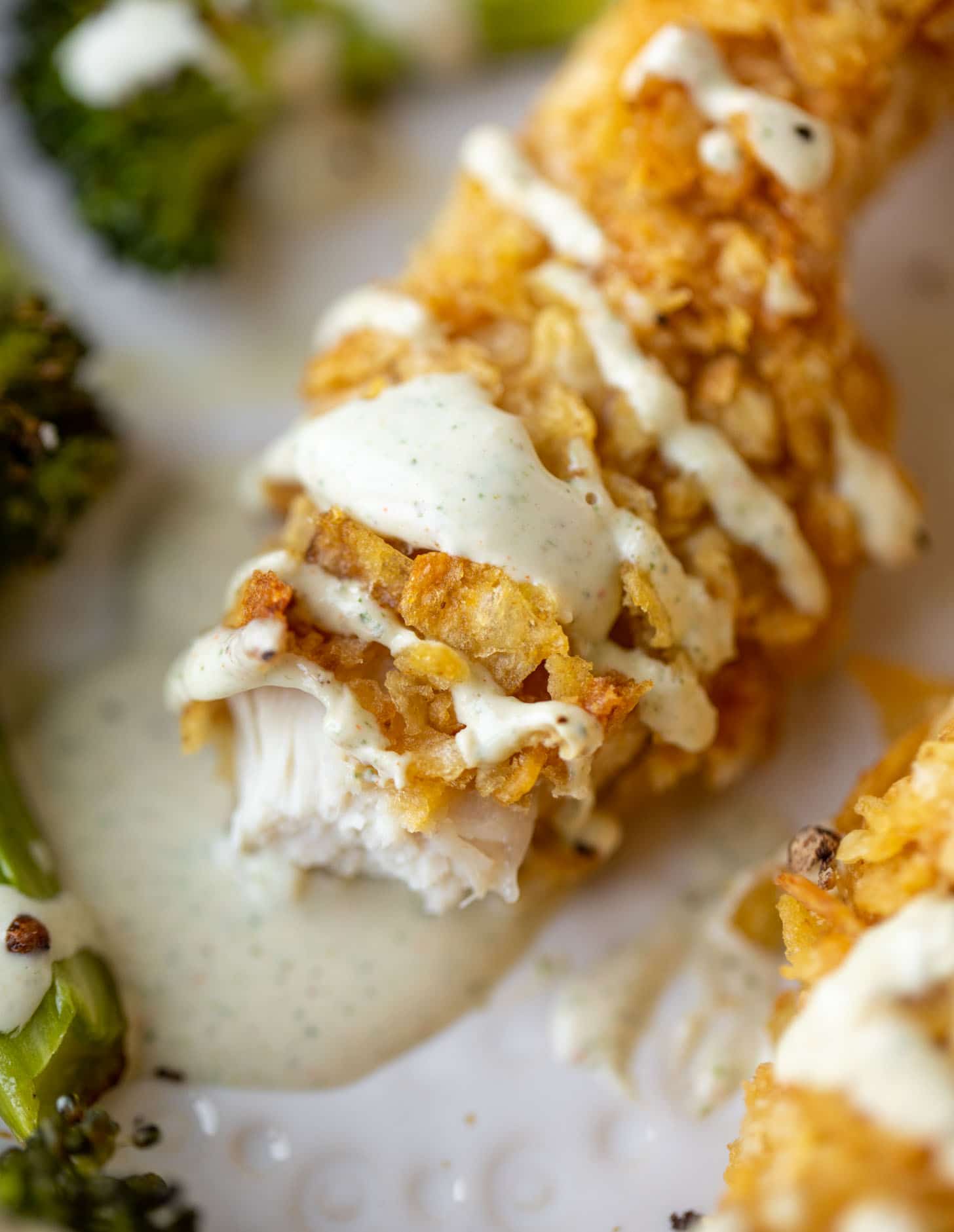 potato chip crusted chicken fingers with ranch and roasted broccoli