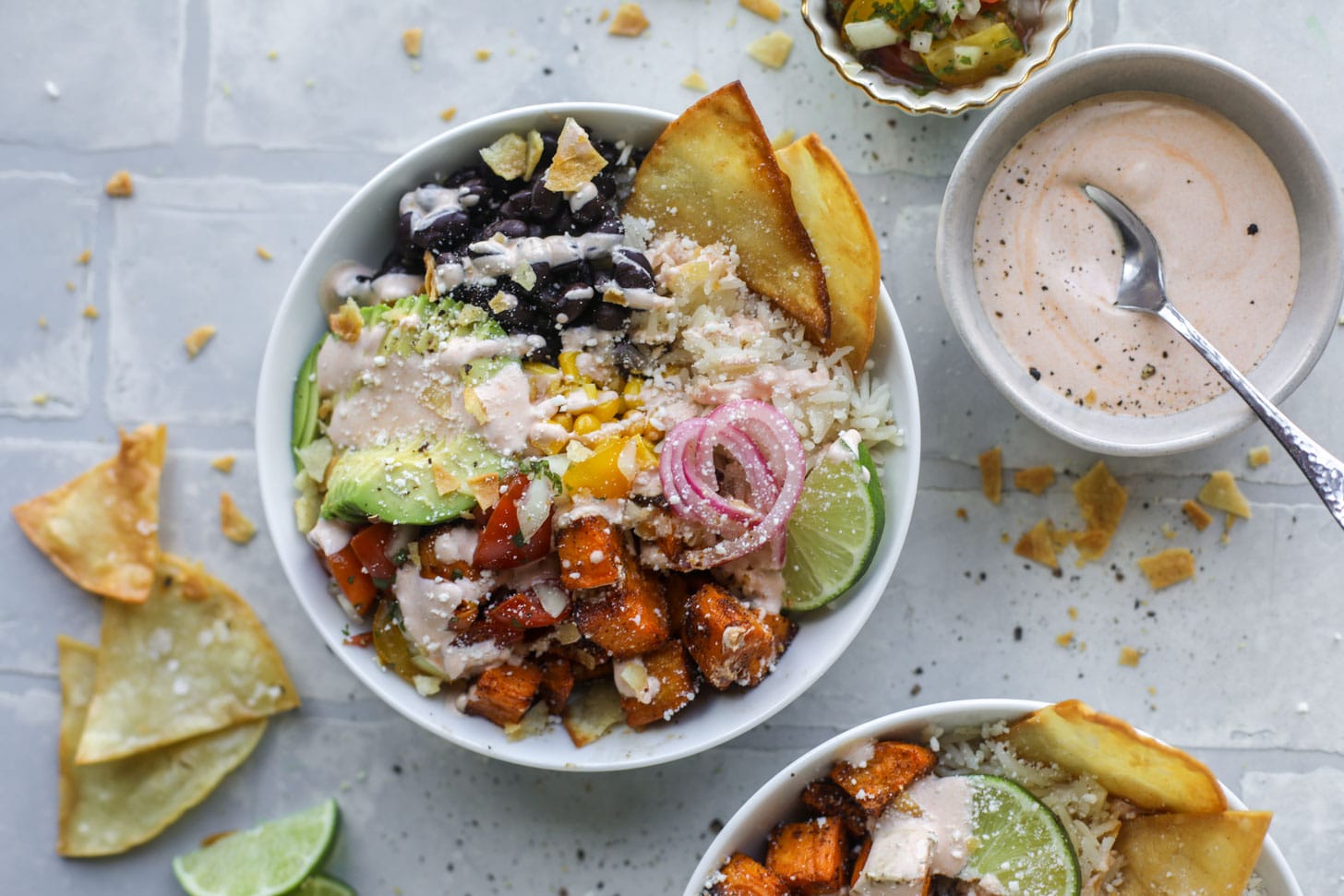 chili lime sweet potato taco bowls with chipotle ranch