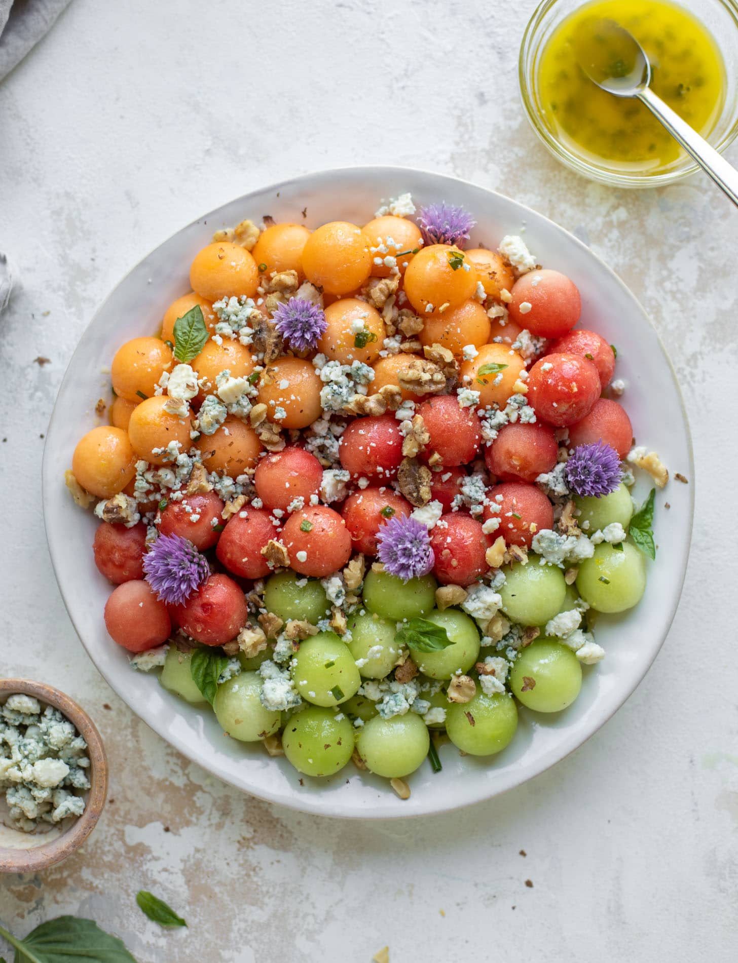 triple melon ball salad with blue cheese and walnuts