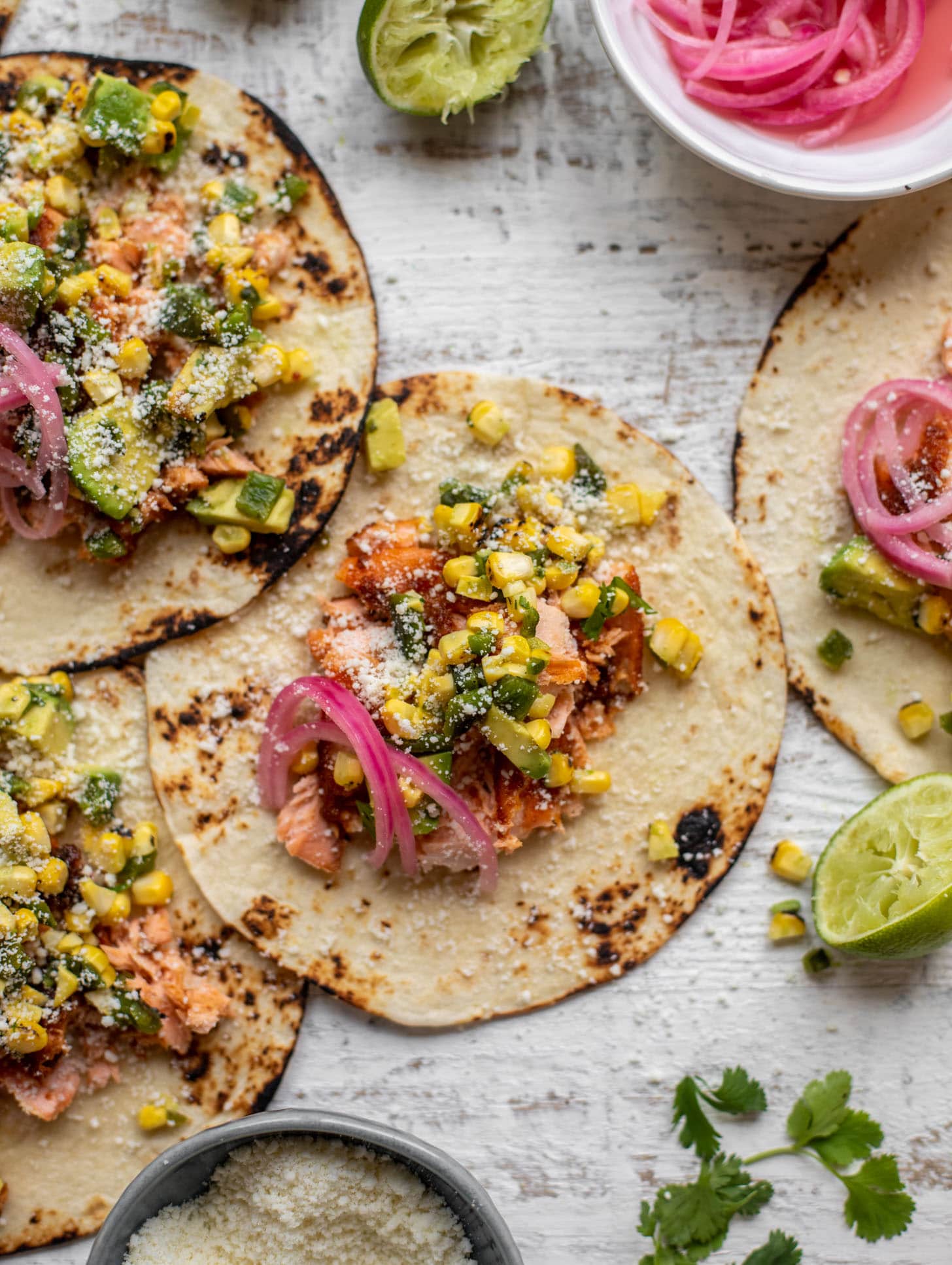 summer salmon tacos with grilled corn poblano salsa