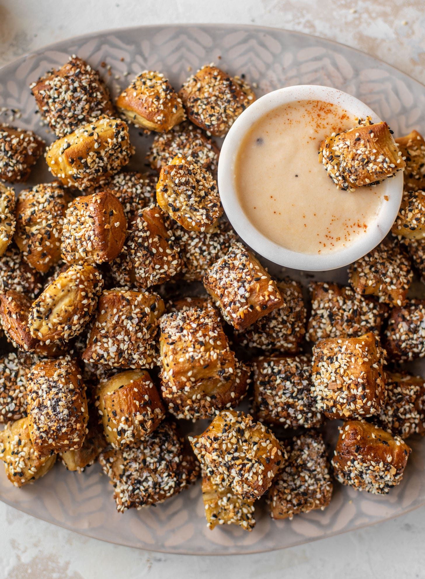 everything soft pretzel bites with chipotle beer cheese